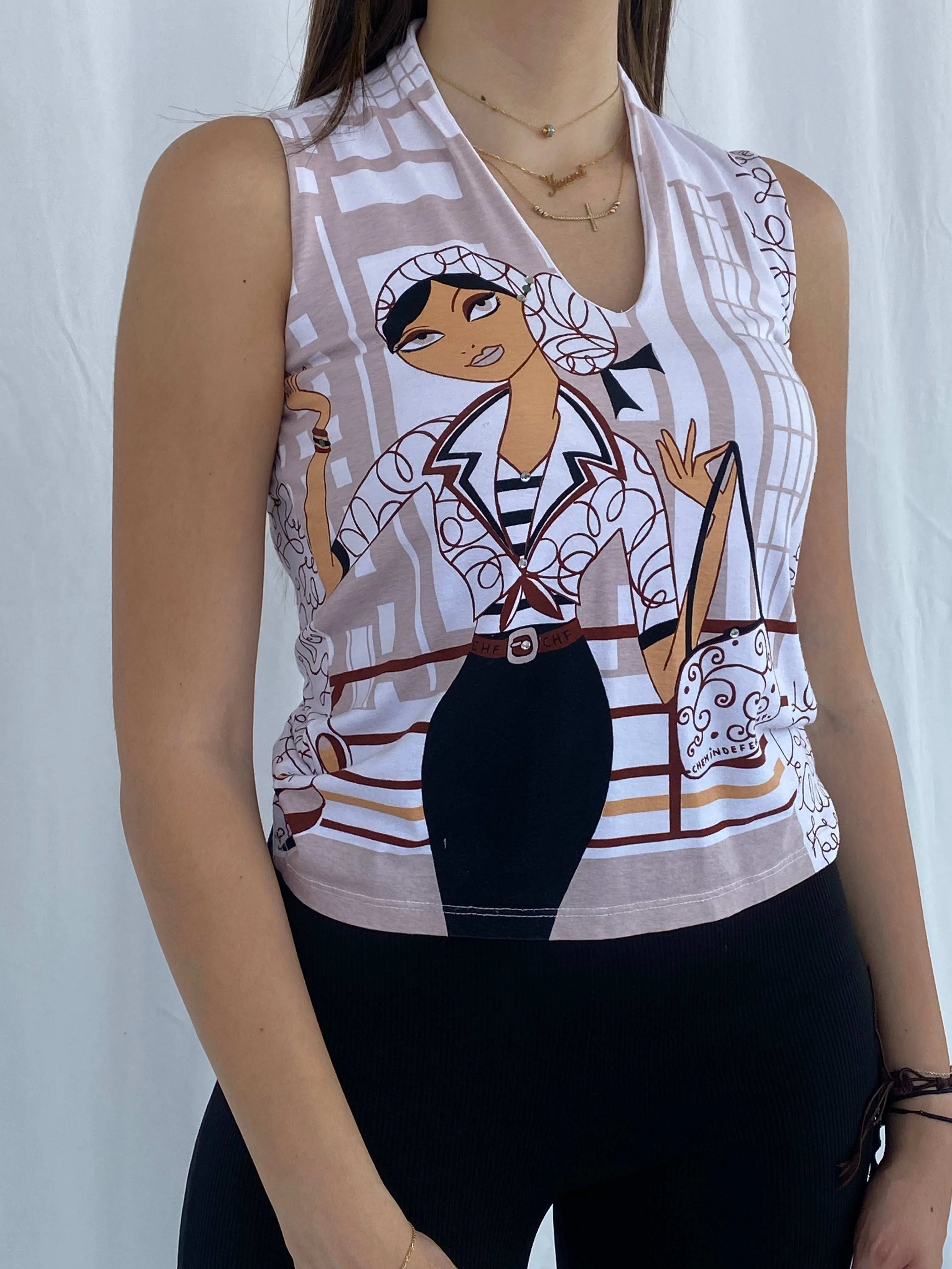 Vintage Y2K Chemindefer Printed Sleeveless Top - Size L - Balagan Vintage Sleeveless Top groovy, Juana, sleeveless top, women skirt