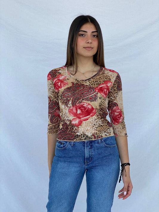 Vintage Y2K Clock House Floral Top - Size M - Balagan Vintage Mesh Top 00s, Juana, mesh top, summer