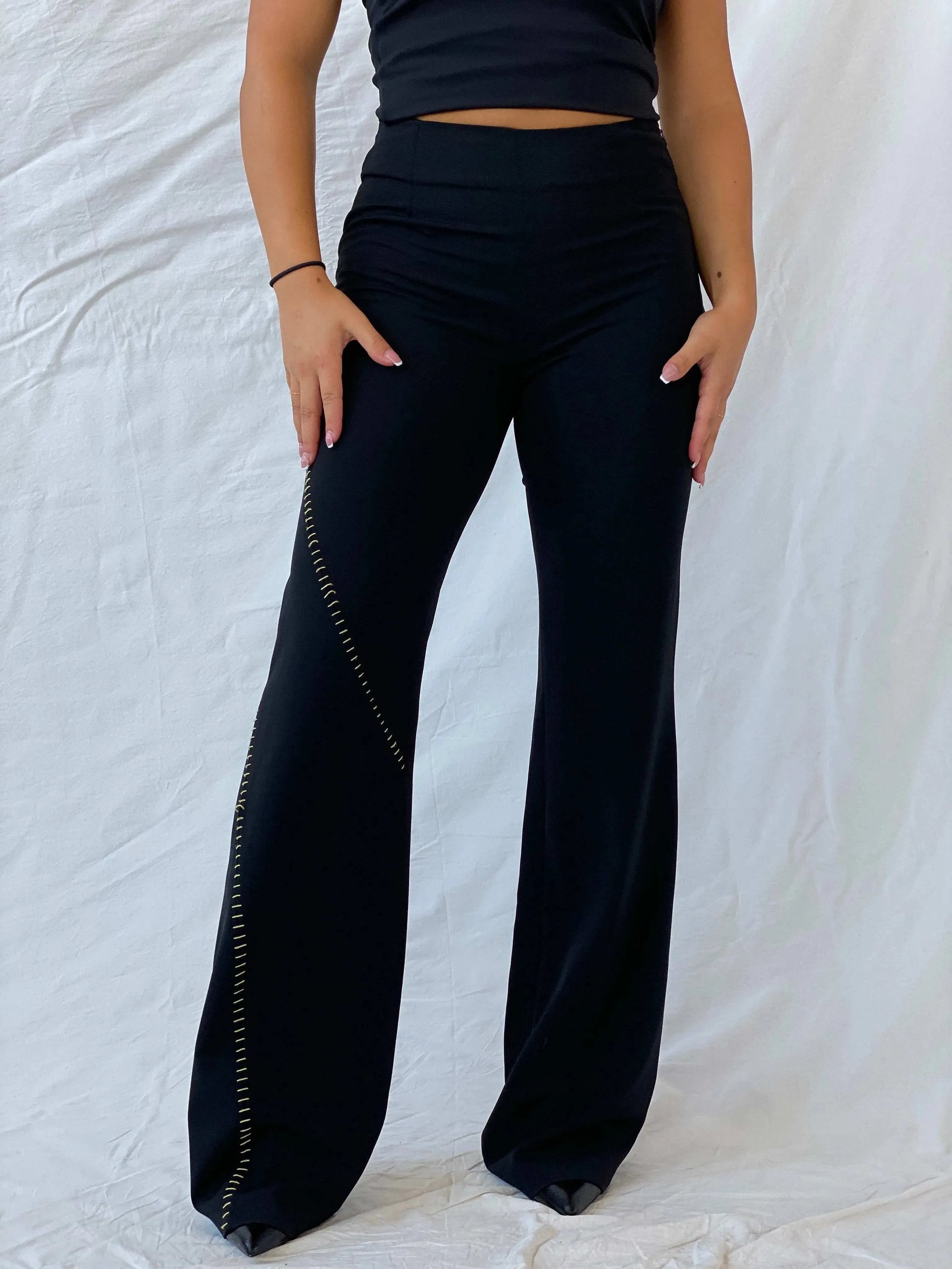 Vintage Y2K Coconuda Donna Formal Black Pants With Lime Green Stitches - M - Balagan Vintage Pants 00s, Lana, pants, vintage pants