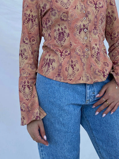 Vintage Y2K DCC Pink Floral Shirt - Balagan Vintage Full Sleeve Shirt 90s, Deals, floral, floral mesh, floral print, floral shirt, Juana