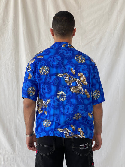 Vintage Y2K Dragon Print Short Sleeve Button Up Men’s Blue Shirt - L - Balagan Vintage Half Sleeve Shirt 90s, half sleeve shirt, Hawaiian shirt, mens shirt, printed shirt, Ramez