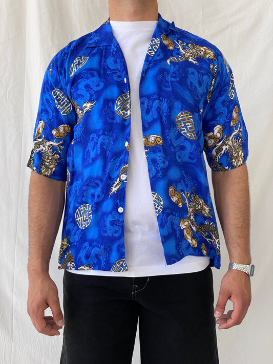 Vintage Y2K Dragon Print Short Sleeve Button Up Men’s Blue Shirt - L - Balagan Vintage Half Sleeve Shirt 90s, half sleeve shirt, Hawaiian shirt, mens shirt, printed shirt, Ramez