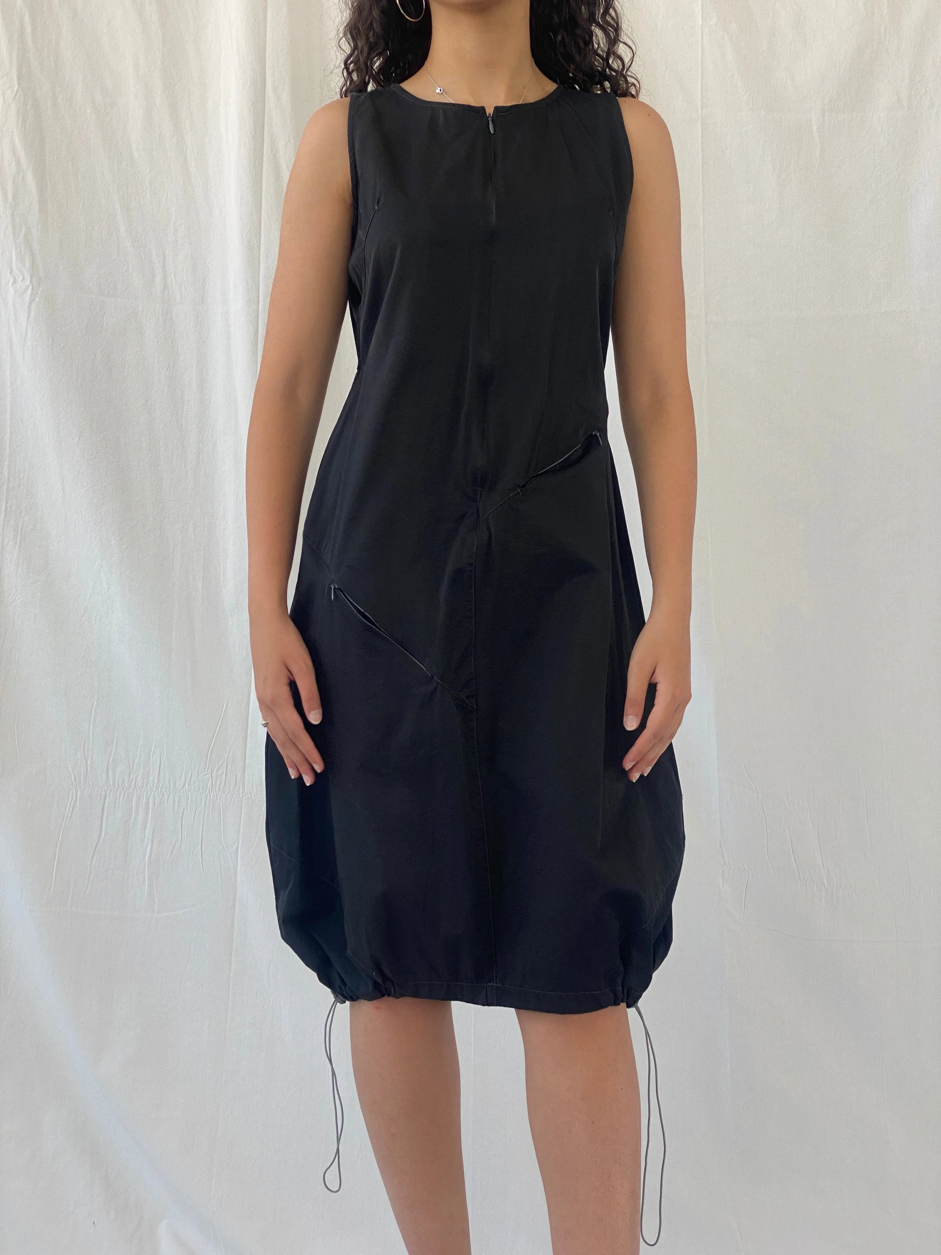 Vintage Y2K Futuristic Tunic Tafetta Whimsygoth Black Drawstring Midi Dress - L - Balagan Vintage Midi Dress 00s, 00s dress, Celine, dress, midi dress, Y2K dress