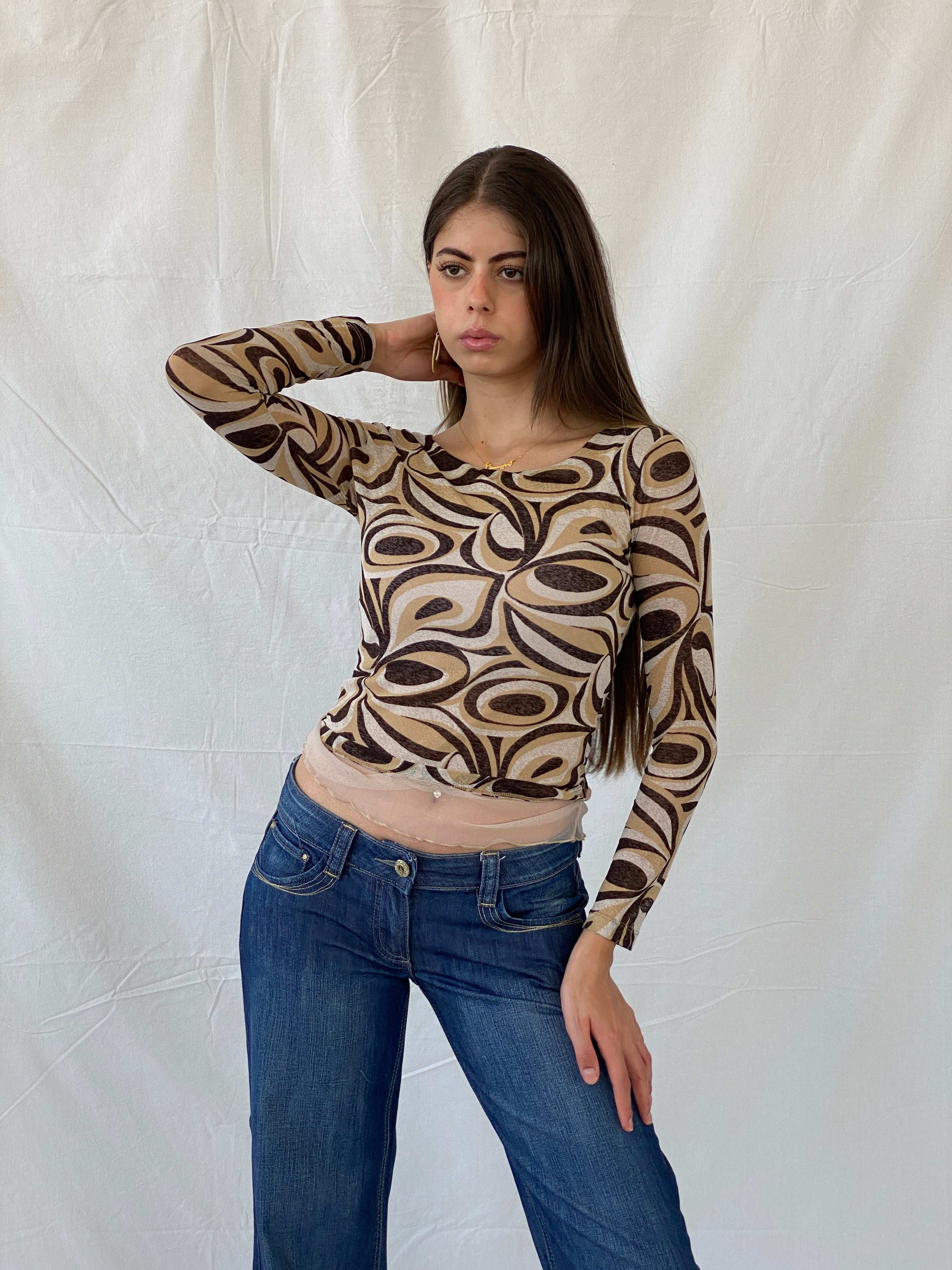 Vintage Y2K Groovy Print Full Sleeve Mesh Top - S - Balagan Vintage Full Sleeve Top 00s, 90s, Mira, winter, women top