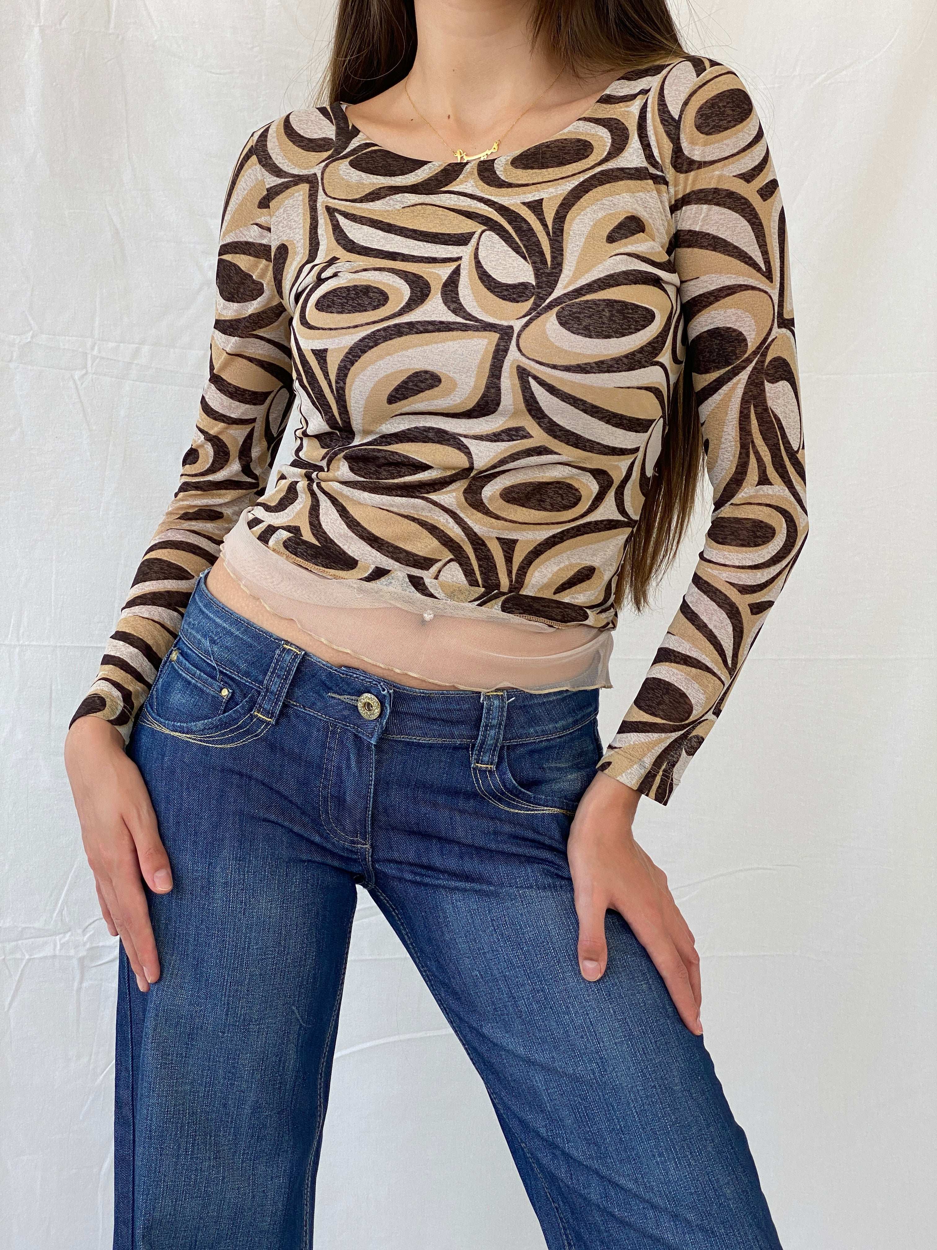 Vintage Y2K Groovy Print Full Sleeve Mesh Top - S - Balagan Vintage Full Sleeve Top 00s, 90s, Mira, winter, women top