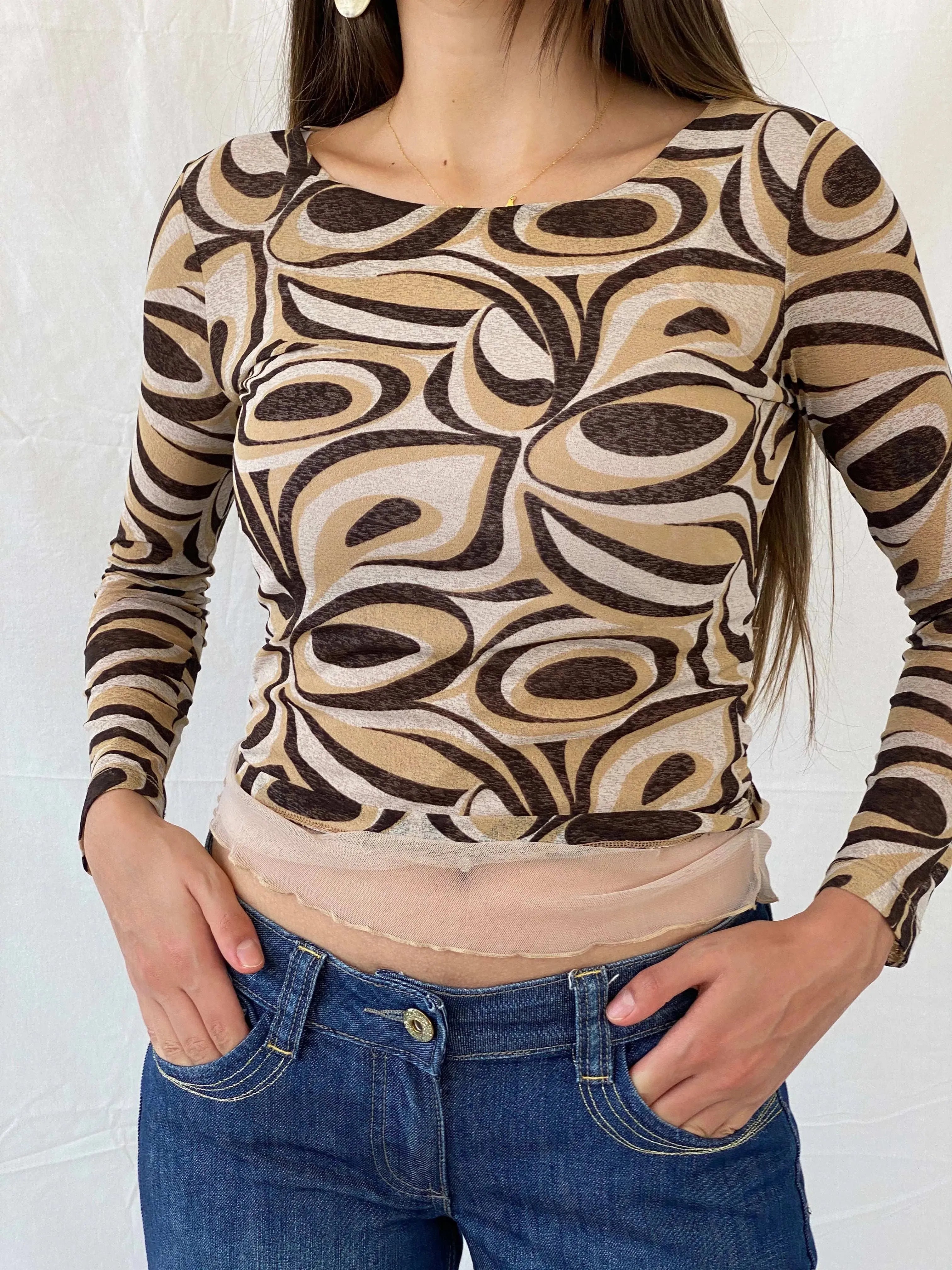Vintage Y2K Groovy Print Full Sleeve Mesh Top - S - Balagan Vintage Full Sleeve Top 00s, 90s, Mira, winter, women top