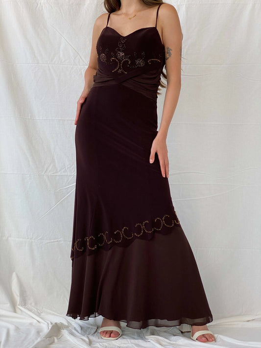Vintage Y2K Günbeyi Brown Beaded Wedding Guest Maxi Dress - M - Balagan Vintage Maxi Dress 00s, 90s, Deals, formal gown, gown, maxi dress, Mira, Wedding Guest