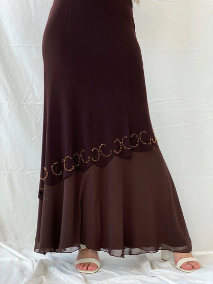 Vintage Y2K Günbeyi Brown Beaded Wedding Guest Maxi Dress - M - Balagan Vintage Maxi Dress 00s, 90s, Deals, formal gown, gown, maxi dress, Mira, Wedding Guest