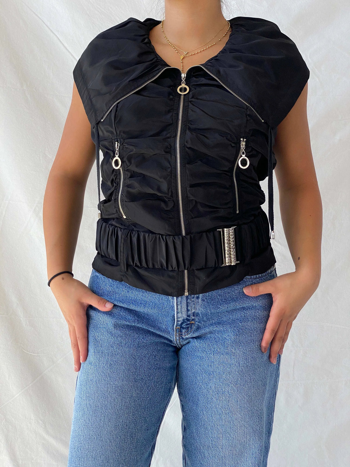 Vintage Y2K In Front Zip Up Black Vest - Biker Style - 00s Women
