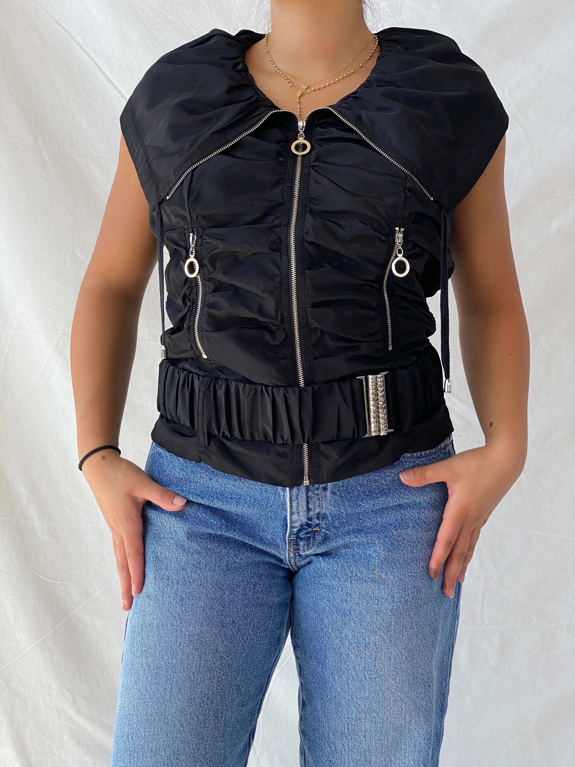 Vintage Y2K In Front Zip Up Black Vest - M - Balagan Vintage Vest 00s, Deals, Lana, summer, vest, Y2K