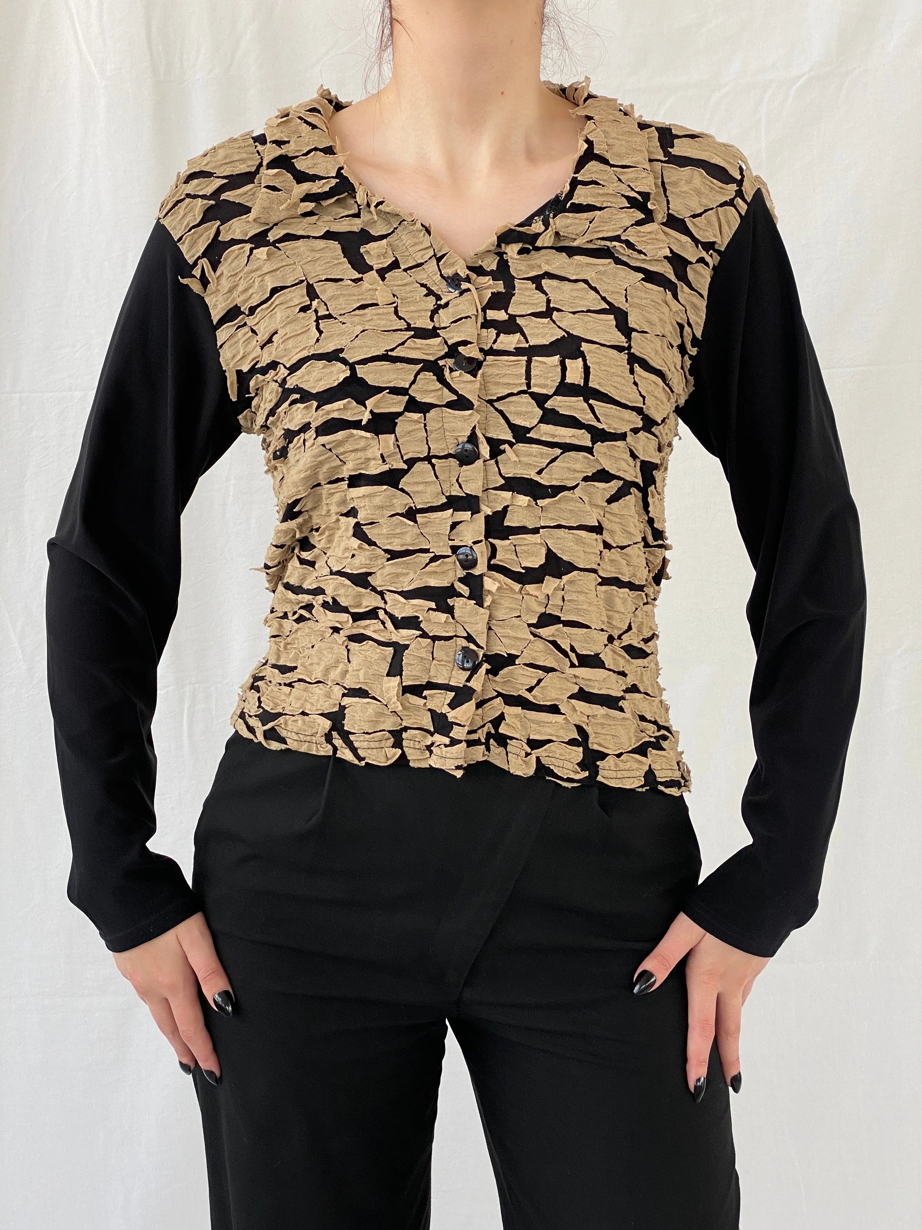 Vintage Y2K INTOWN Full Sleeve Button Up Black & Beige Women’s Shirt - L - Balagan Vintage Full sleeve Shirt 00s, Ayah, full sleeve shirt, shirt, women shirt