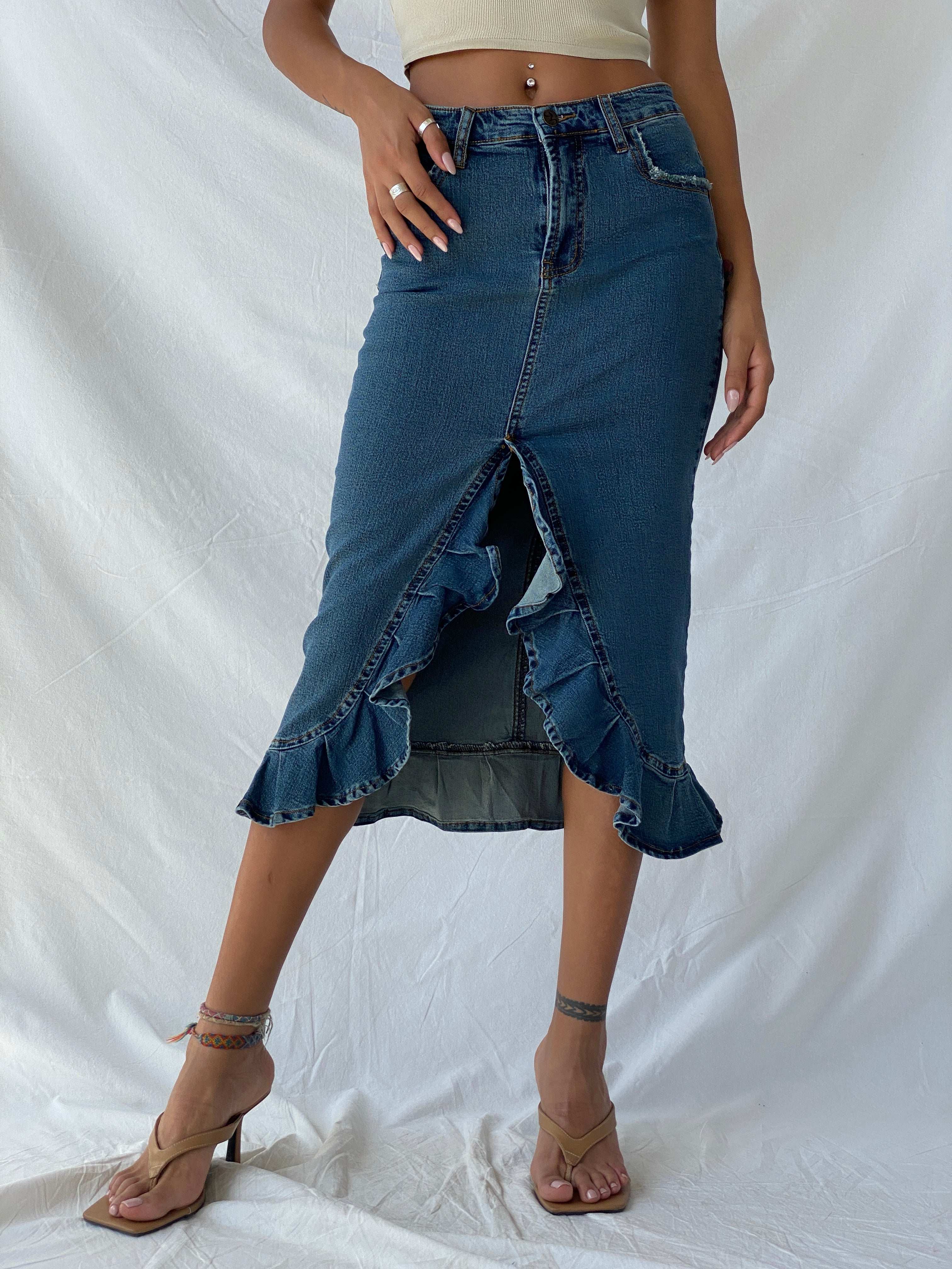 Vintage Y2K Jennyfer Ruffled Hem Midi Denim Skirt - XS - Balagan Vintage Midi Skirt 90s, denim, denim skirt, midi skirt, summer, Tojan