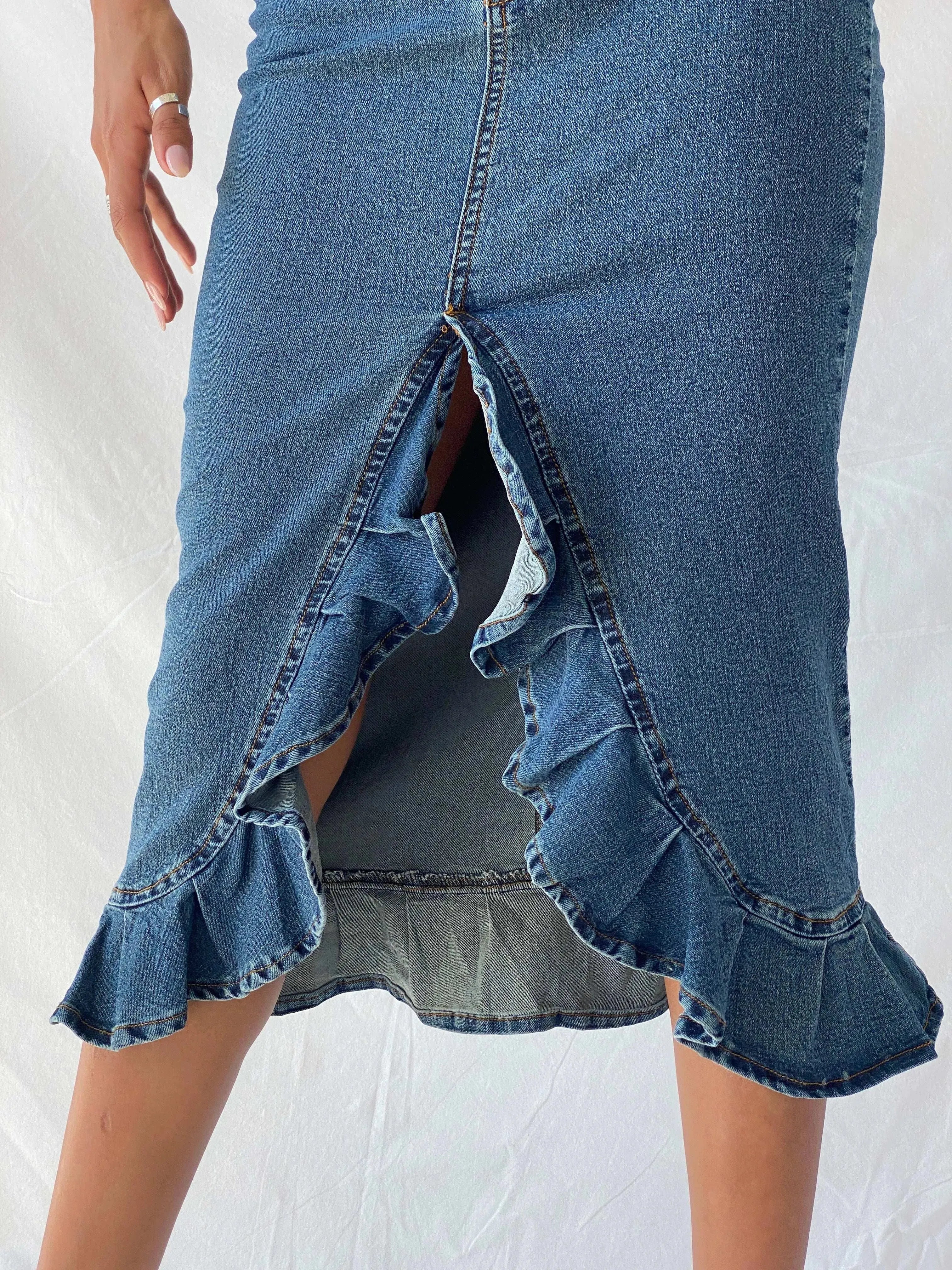Vintage Y2K Jennyfer Ruffled Hem Midi Denim Skirt - XS - Balagan Vintage Midi Skirt 90s, Deals, denim, denim skirt, midi skirt, summer, Tojan