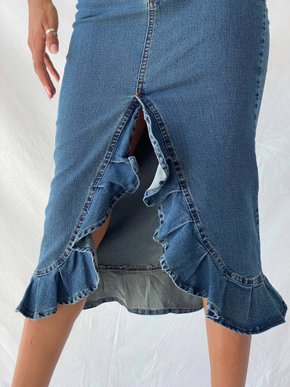 Vintage Y2K Jennyfer Ruffled Hem Midi Denim Skirt - XS - Balagan Vintage Midi Skirt 90s, Deals, denim, denim skirt, midi skirt, summer, Tojan