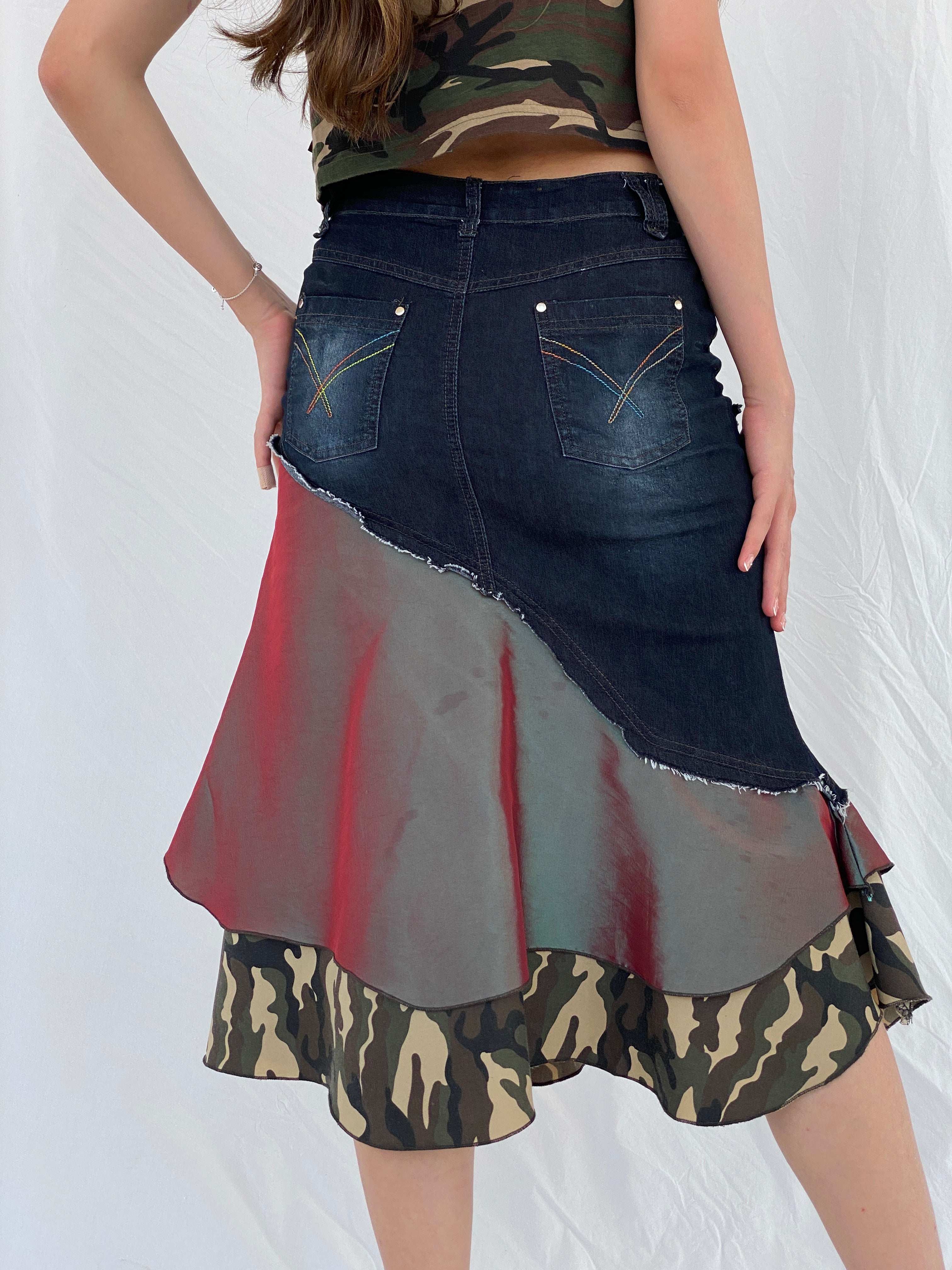 Vintage Y2K Jodel Camo Denim Midi Skirt - S - Balagan Vintage Midi Skirt 00s, 90s, denim, denim skirt, midi skirt, Mira