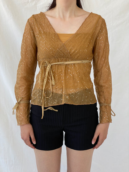 Vintage Y2K Jus D’ Orange Shimmer Fairy Sequin Sheer Bronze Top - M - Balagan Vintage Half Sleeve Top 00s, Ayah, beaded, NEW IN, summer, women top