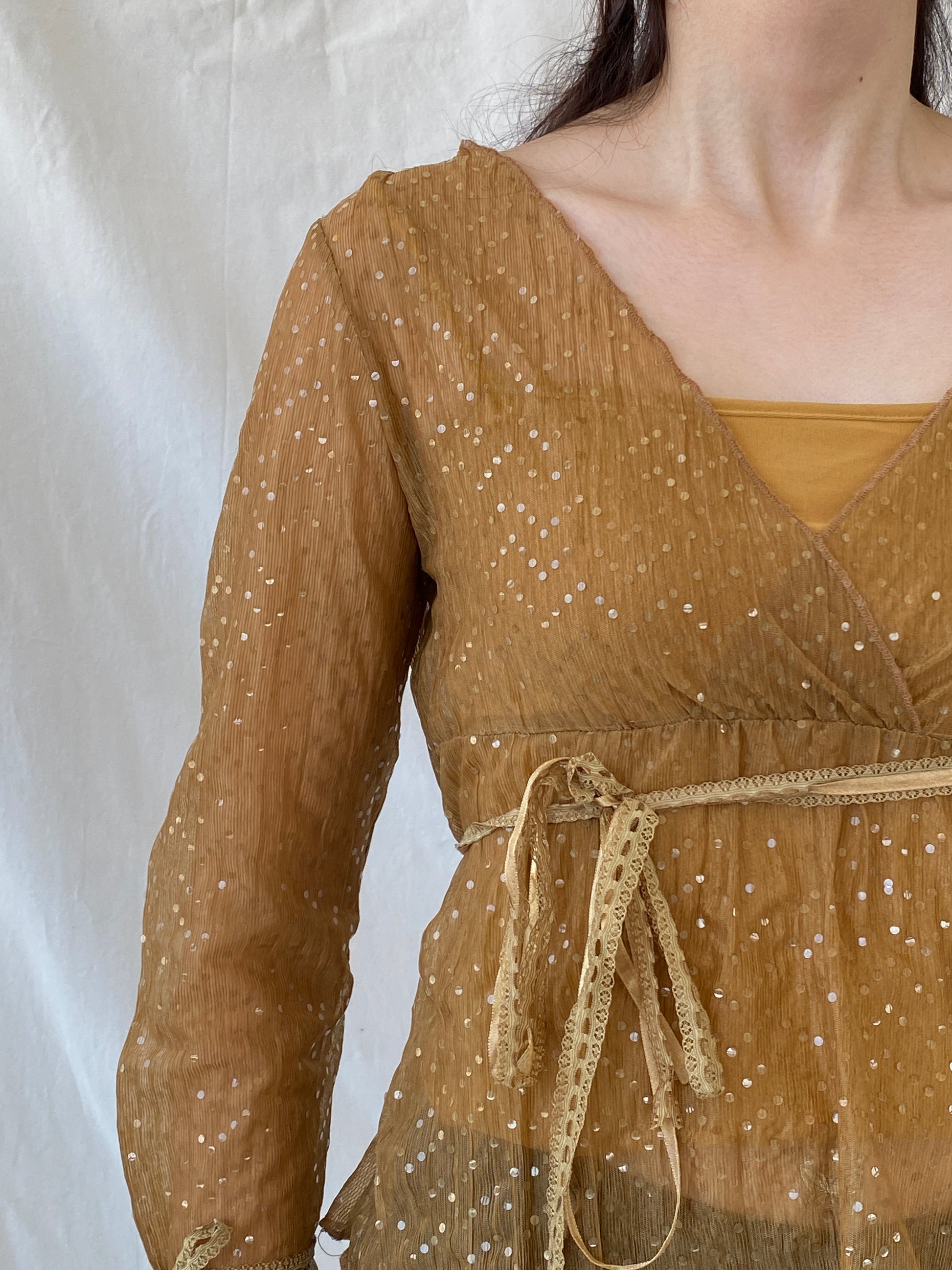 Vintage Y2K Jus D’ Orange Shimmer Fairy Sequin Sheer Bronze Top - M - Balagan Vintage Half Sleeve Top 00s, Ayah, beaded, NEW IN, summer, women top