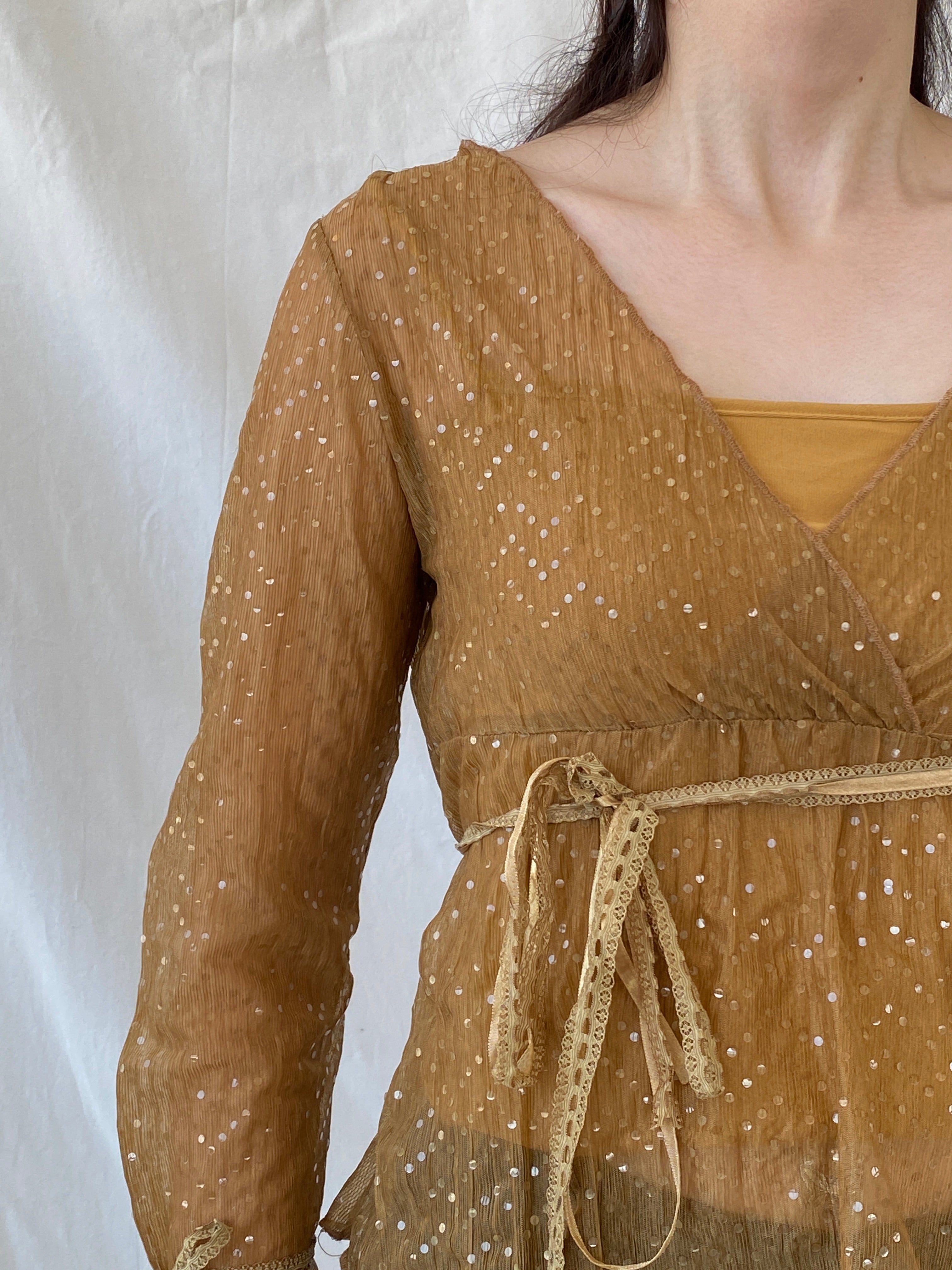 Vintage Y2K Jus D’ Orange Shimmer Fairy Sequin Sheer Bronze Top - M - Balagan Vintage Half Sleeve Top 00s, Ayah, beaded, NEW IN, summer, women top
