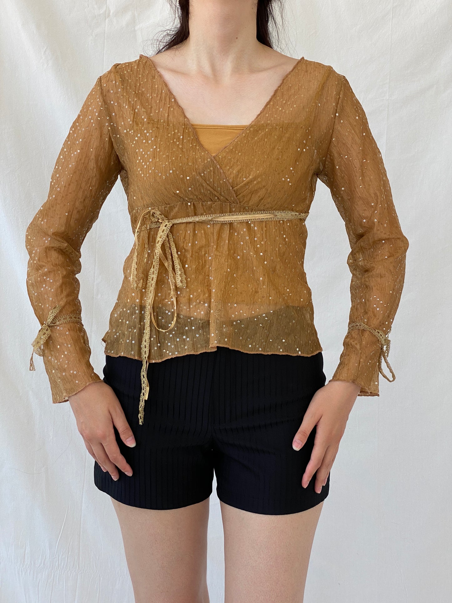 Vintage Y2K Jus D’ Orange Shimmer Fairy Sequin Sheer Bronze Top - M - Balagan Vintage Half Sleeve Top 00s, Ayah, beaded, NEW IN, summer, women top