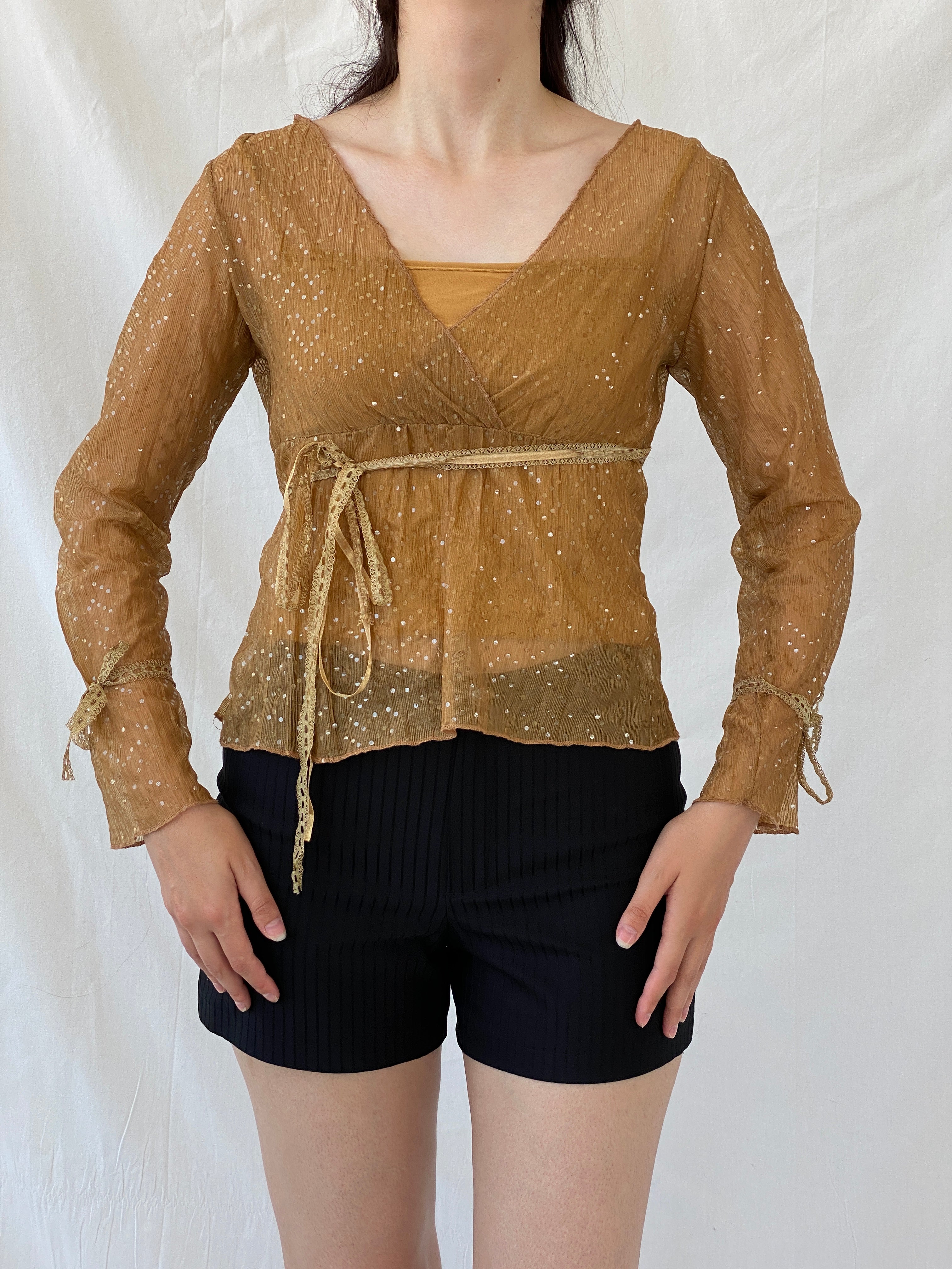 Vintage Y2K Jus D’ Orange Shimmer Fairy Sequin Sheer Bronze Top - M - Balagan Vintage Half Sleeve Top 00s, Ayah, beaded, NEW IN, summer, women top