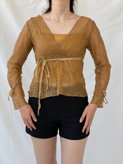 Vintage Y2K Jus D’ Orange Shimmer Fairy Sequin Sheer Bronze Top - M - Balagan Vintage Half Sleeve Top 00s, Ayah, beaded, NEW IN, summer, women top