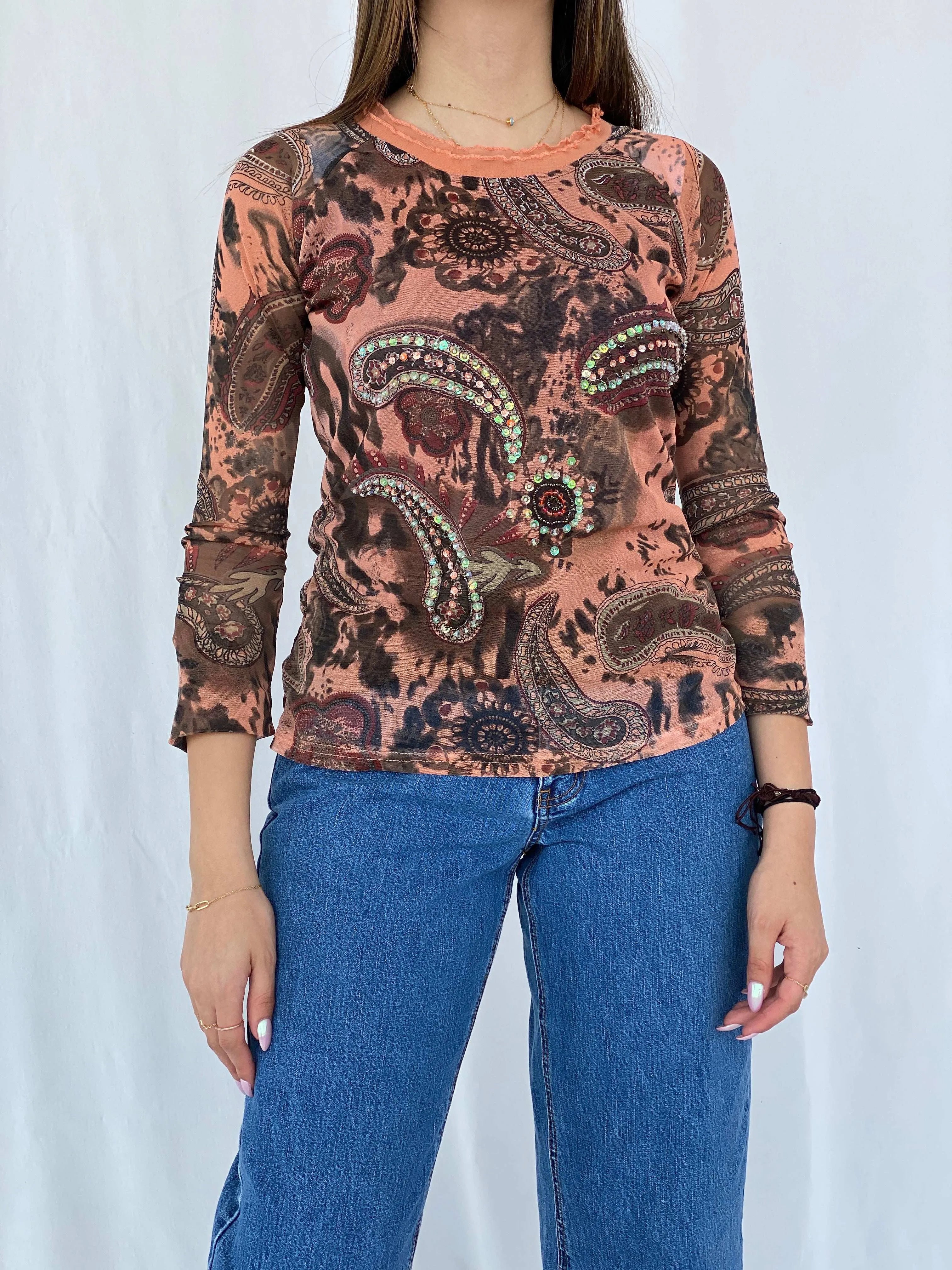 Vintage Y2K JV Selection Australia Printed Mesh Top Size M - Balagan Vintage Full Sleeve Top 00s, 90s, full sleeve top, Juana, mesh top