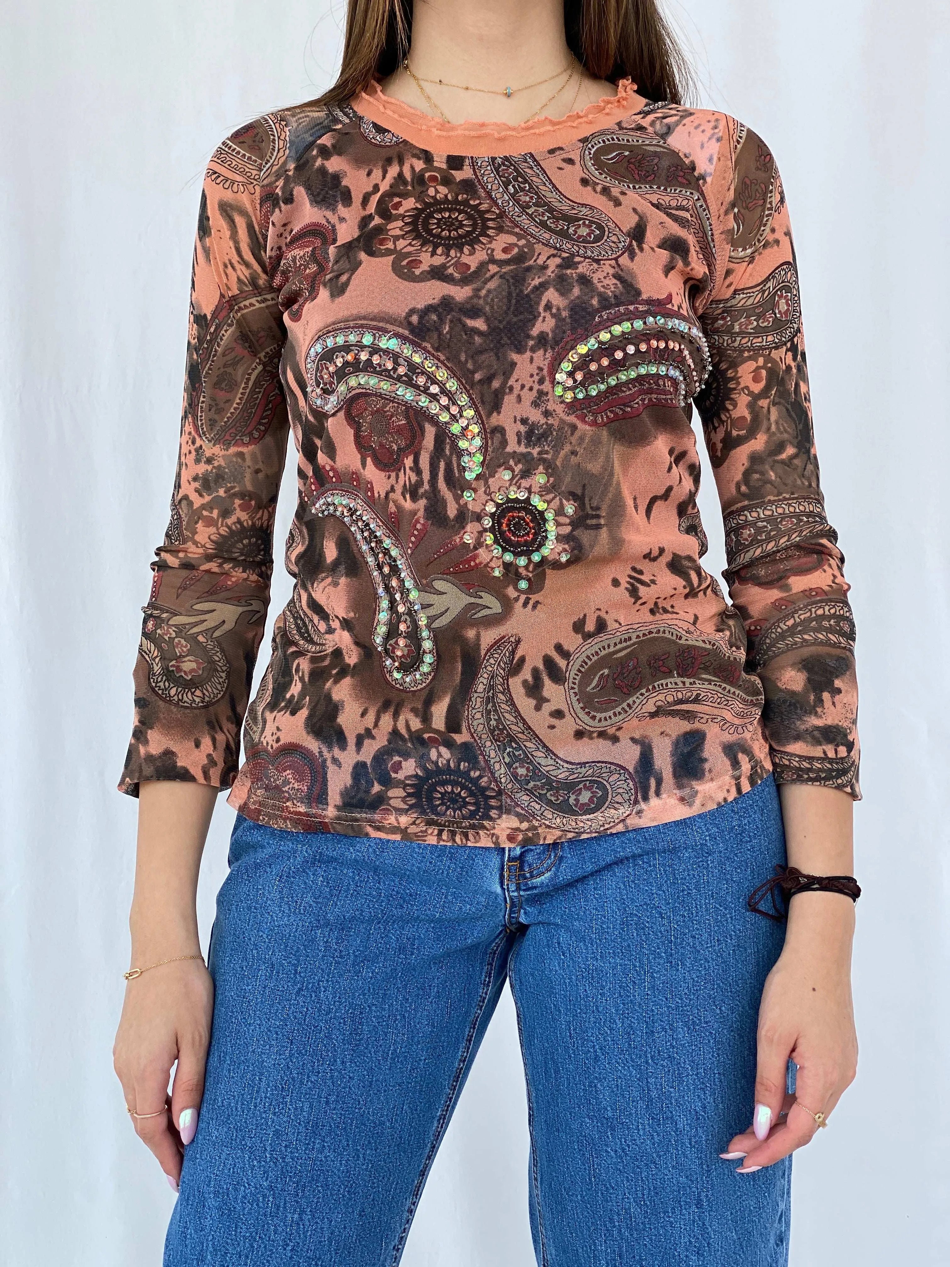 Vintage Y2K JV Selection Australia Printed Mesh Top Size M - Balagan Vintage Full Sleeve Top 00s, 90s, full sleeve top, Juana, mesh top