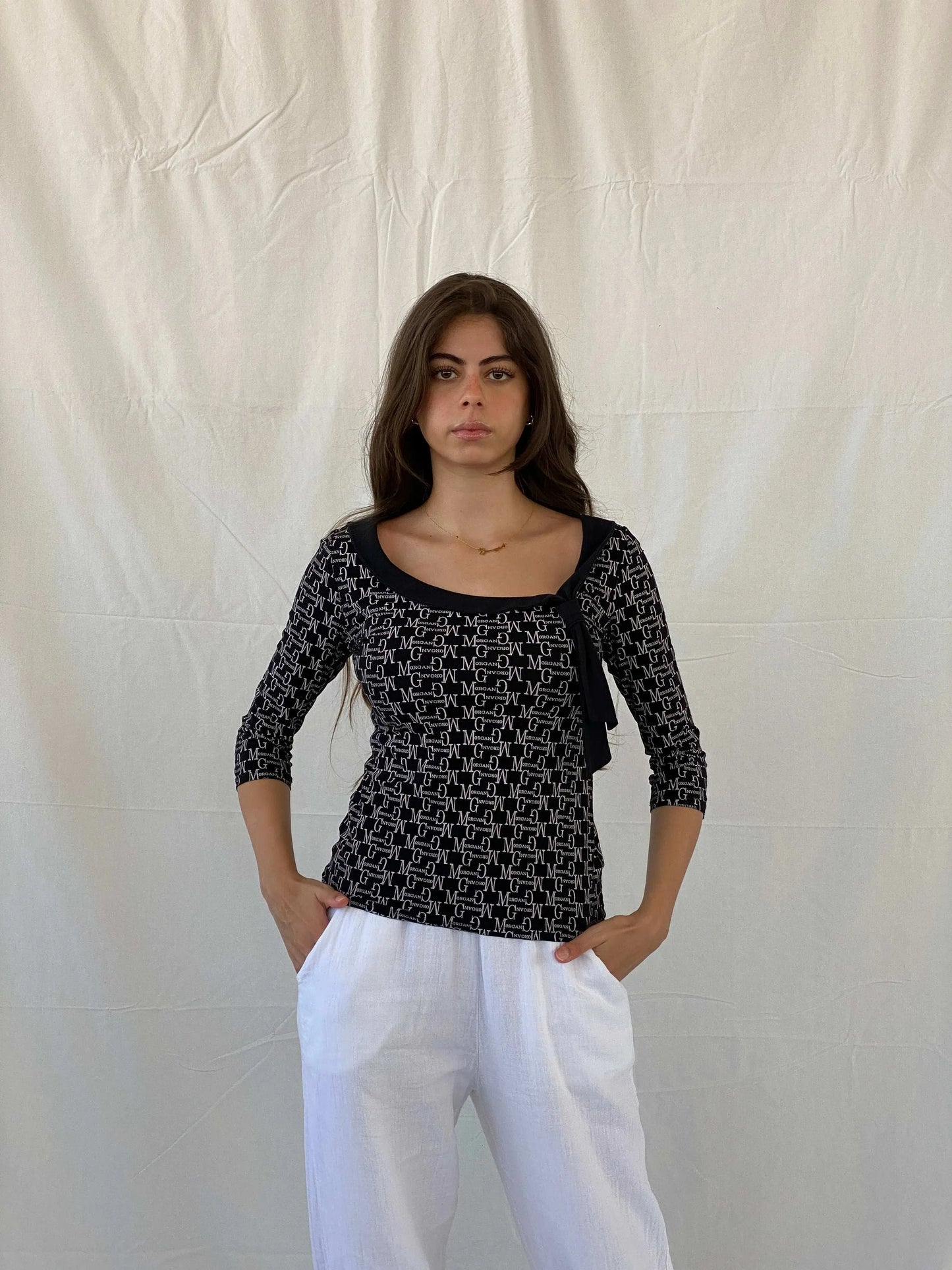 Vintage Y2K Morgan De Toi Black Monogram Top - M - Balagan Vintage Full Sleeve Top 00s, 90s, full sleeve top, Mira, Y2K