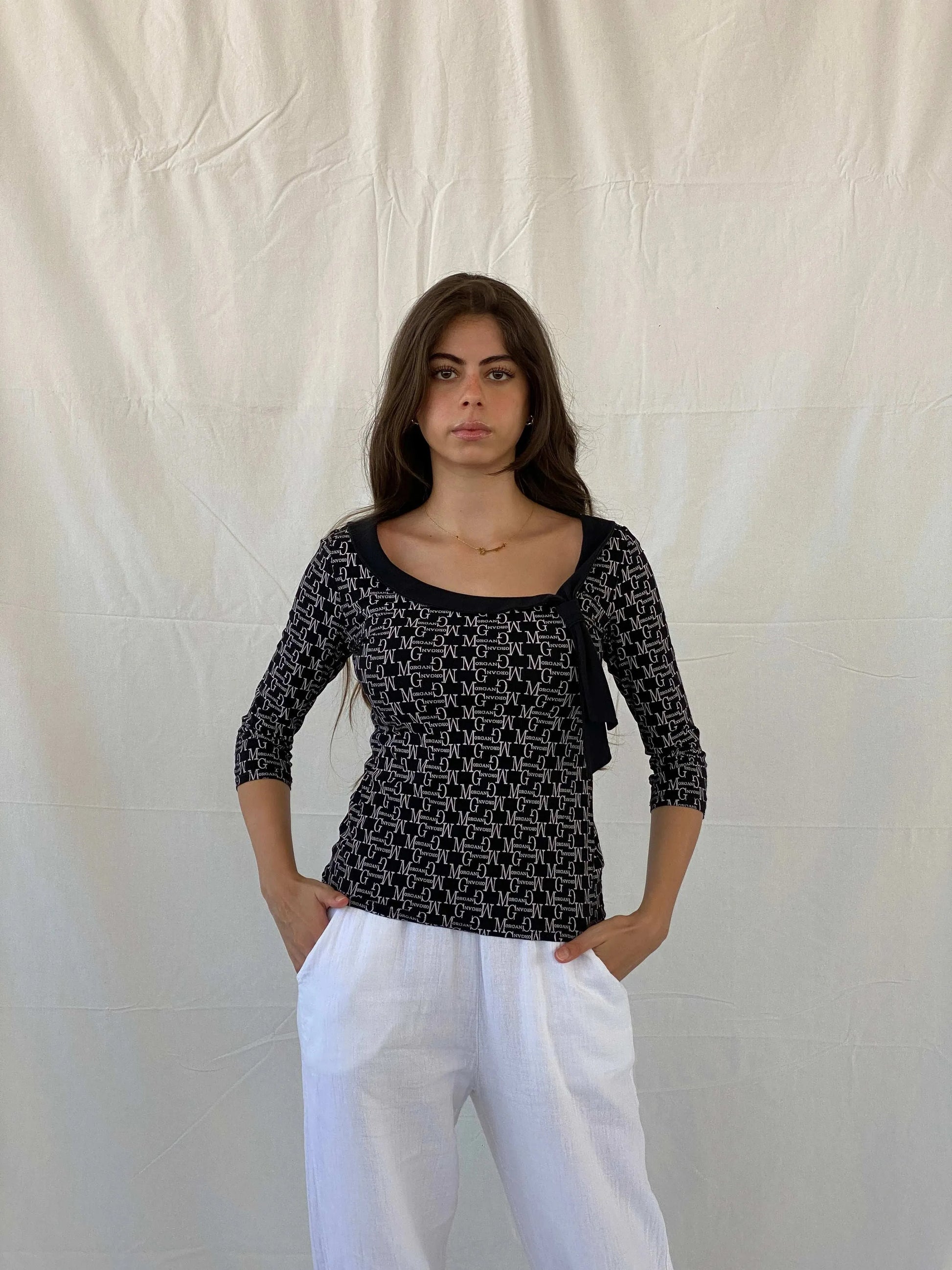 Vintage Y2K Morgan De Toi Black Monogram Top - M - Balagan Vintage Full Sleeve Top 00s, 90s, full sleeve top, Mira, Y2K
