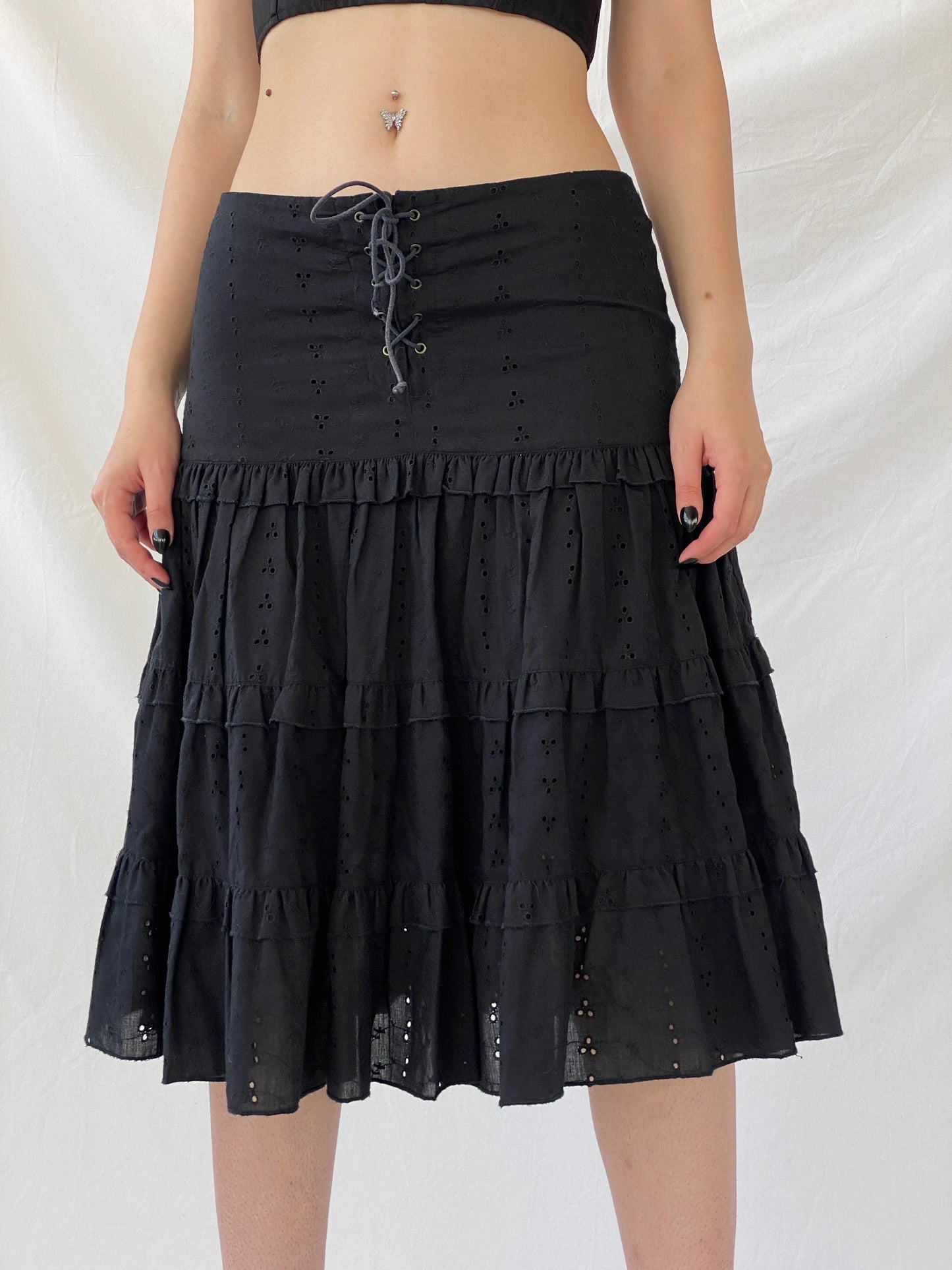 Vintage Y2K Morgan De Toi Tiered Flouncy Black Midi Skirt - M - Balagan Vintage Midi Skirt 00s, Ayah, midi skirt, skirt