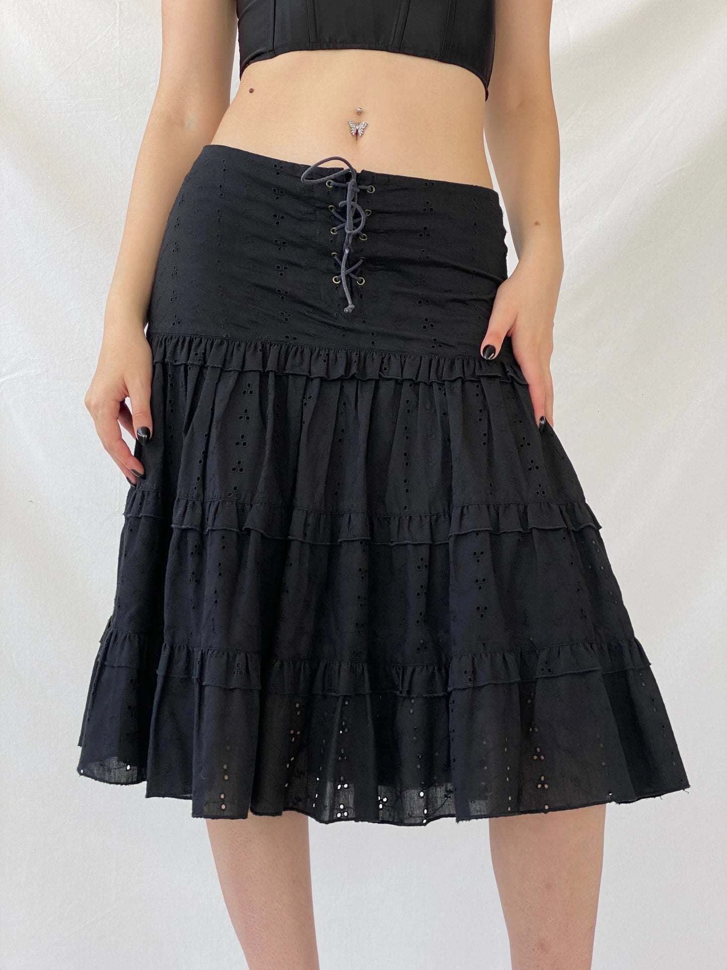 Vintage Y2K Morgan De Toi Tiered Flouncy Black Midi Skirt - M - Balagan Vintage Midi Skirt 00s, Ayah, midi skirt, skirt