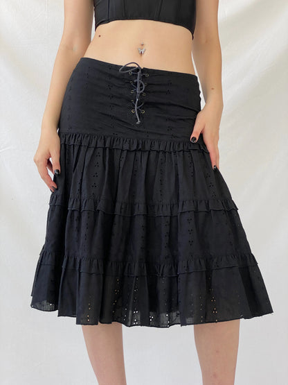 Vintage Y2K Morgan De Toi Tiered Flouncy Black Midi Skirt - M - Balagan Vintage Midi Skirt 00s, Ayah, midi skirt, skirt