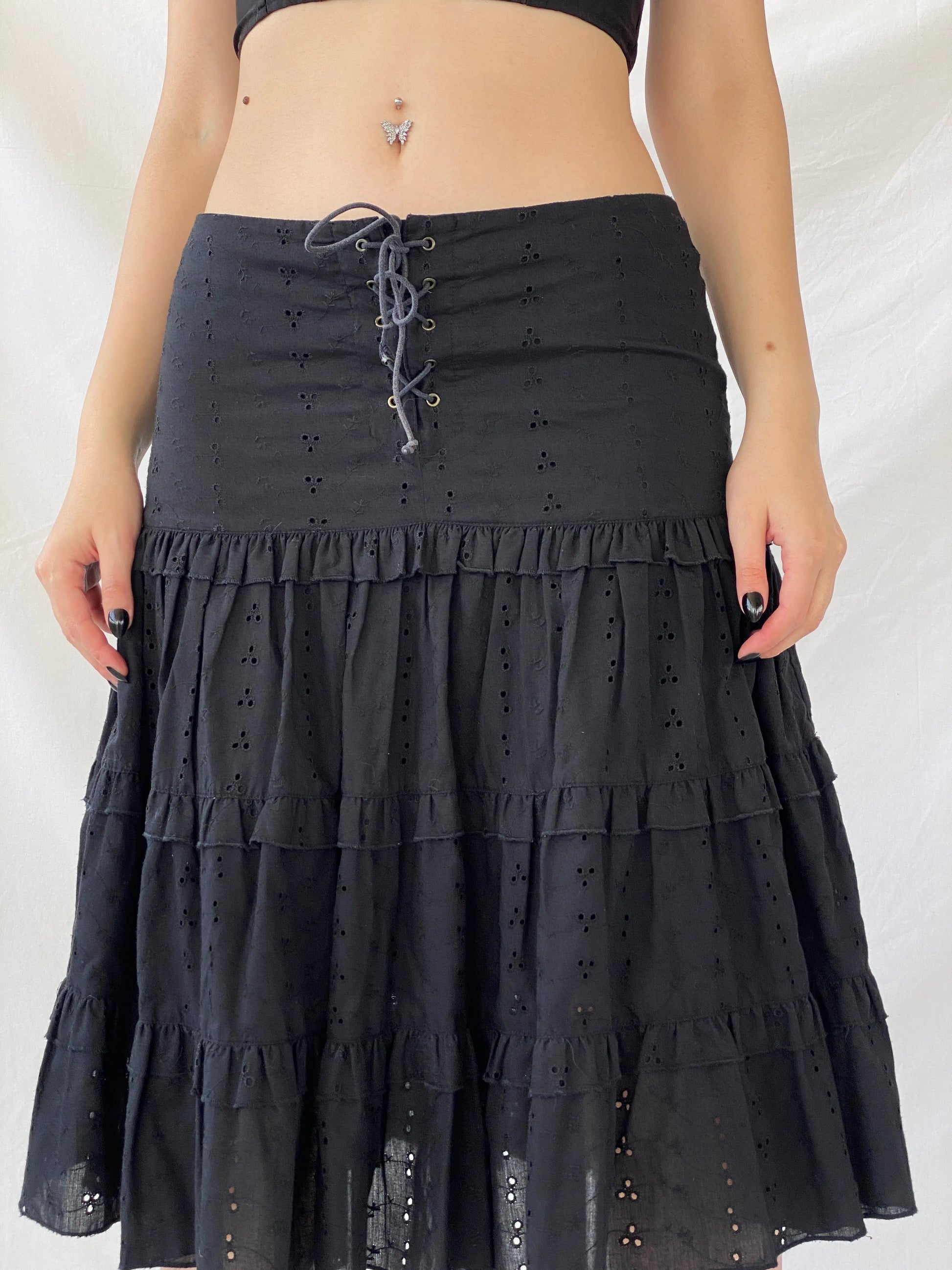 Vintage Y2K Morgan De Toi Tiered Flouncy Black Midi Skirt - M - Balagan Vintage Midi Skirt 00s, Ayah, midi skirt, skirt