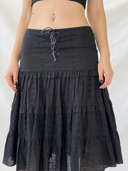 Vintage Y2K Morgan De Toi Tiered Flouncy Black Midi Skirt - M - Balagan Vintage Midi Skirt 00s, Ayah, midi skirt, skirt