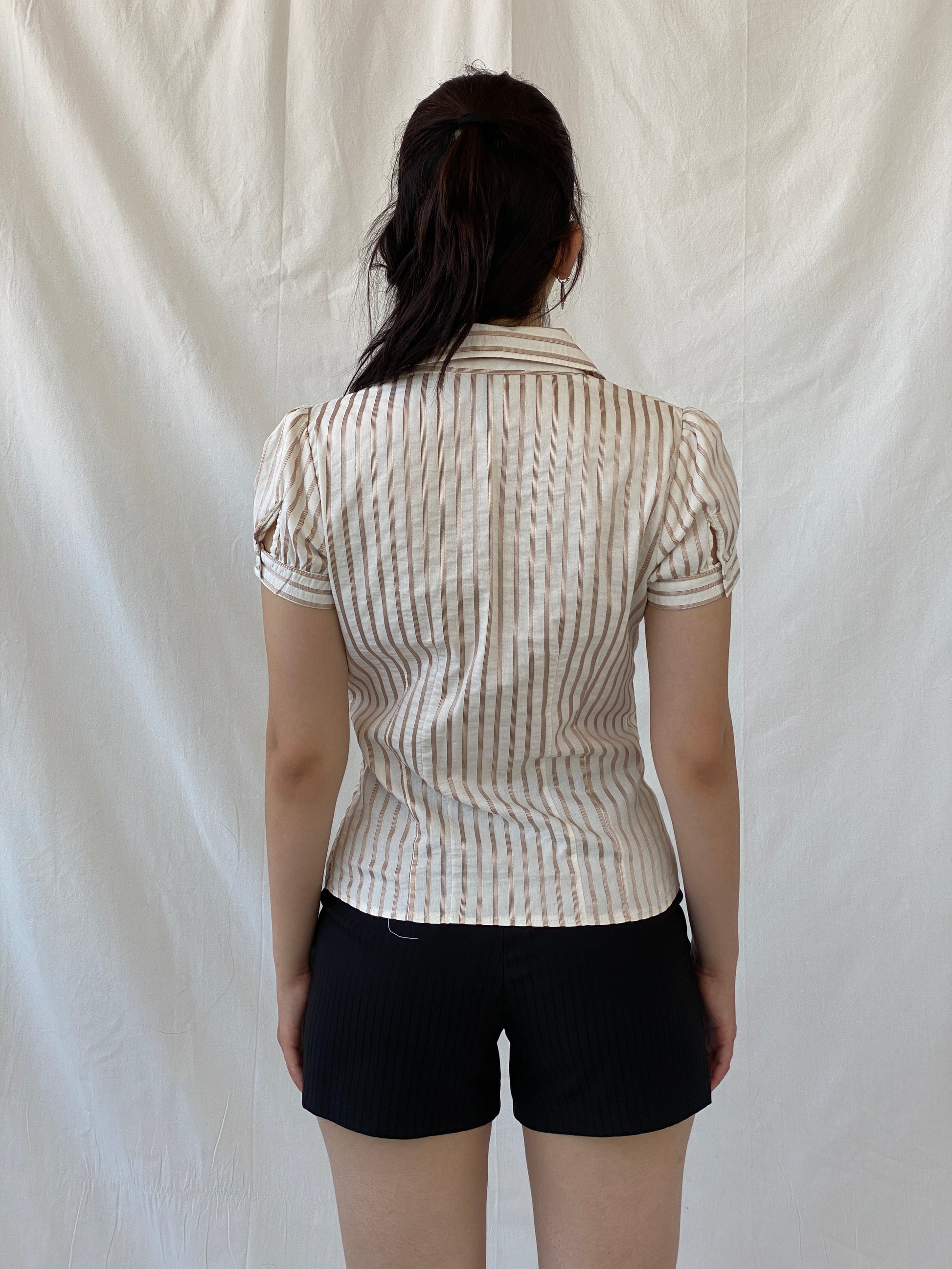 Vintage Y2K Naf Naf Beige White Gold Stitching Striped Officecore Shirt - M - Balagan Vintage Half Sleeve Shirt Ayah, NEW IN, Office core, shirt, women shirt