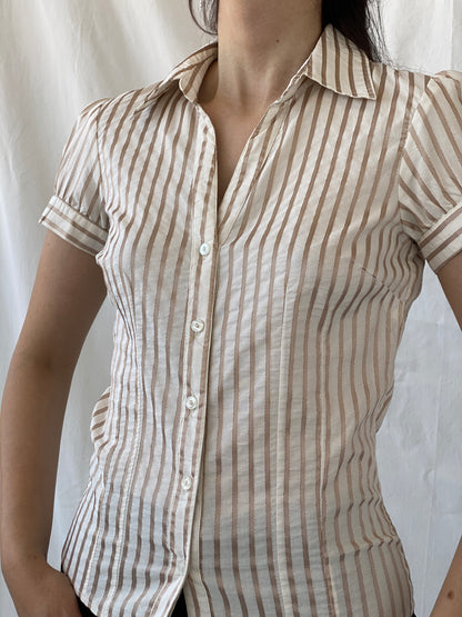 Vintage Y2K Naf Naf Beige White Gold Stitching Striped Officecore Shirt - M - Balagan Vintage Half Sleeve Shirt Ayah, NEW IN, Office core, shirt, women shirt
