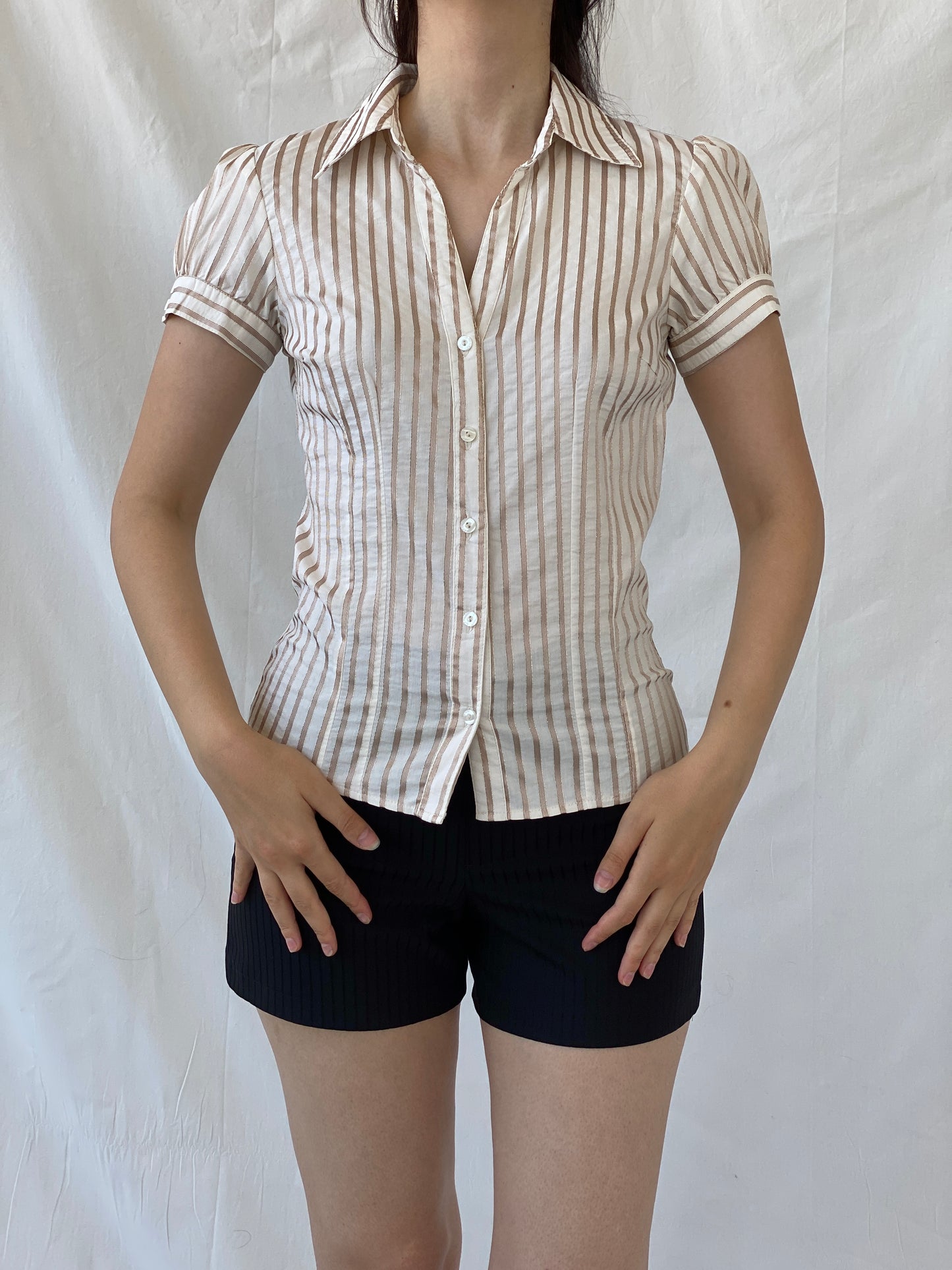 Vintage Y2K Naf Naf Beige White Gold Stitching Striped Officecore Shirt - M - Balagan Vintage Half Sleeve Shirt Ayah, NEW IN, Office core, shirt, women shirt