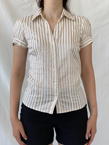 Vintage Y2K Naf Naf Beige White Gold Stitching Striped Officecore Shirt - M - Balagan Vintage Half Sleeve Shirt Ayah, NEW IN, Office core, shirt, women shirt