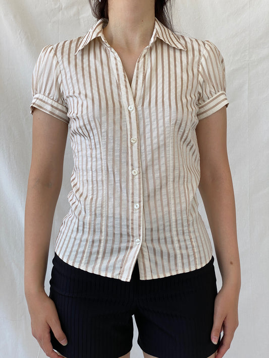 Vintage Y2K Naf Naf Beige White Gold Stitching Striped Officecore Shirt - M - Balagan Vintage Half Sleeve Shirt Ayah, NEW IN, Office core, shirt, women shirt