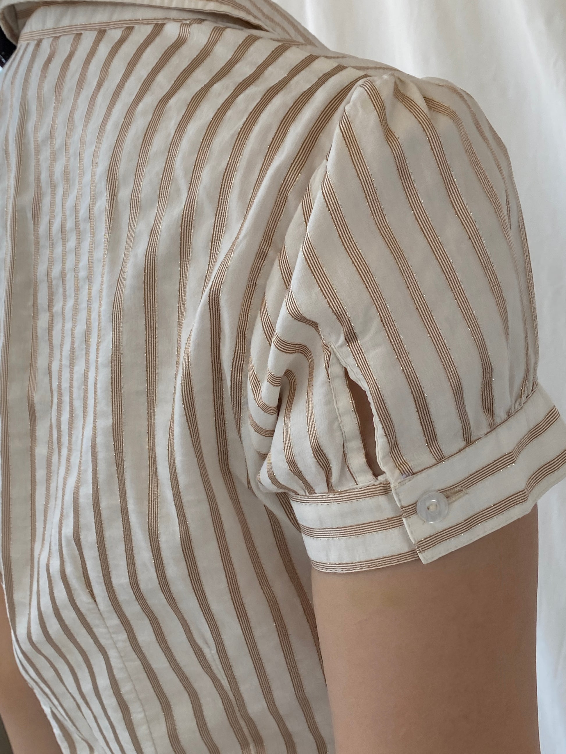 Vintage Y2K Naf Naf Beige White Gold Stitching Striped Officecore Shirt - M - Balagan Vintage Half Sleeve Shirt Ayah, NEW IN, Office core, shirt, women shirt