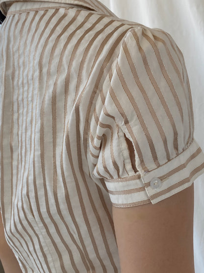 Vintage Y2K Naf Naf Beige White Gold Stitching Striped Officecore Shirt - M - Balagan Vintage Half Sleeve Shirt Ayah, NEW IN, Office core, shirt, women shirt