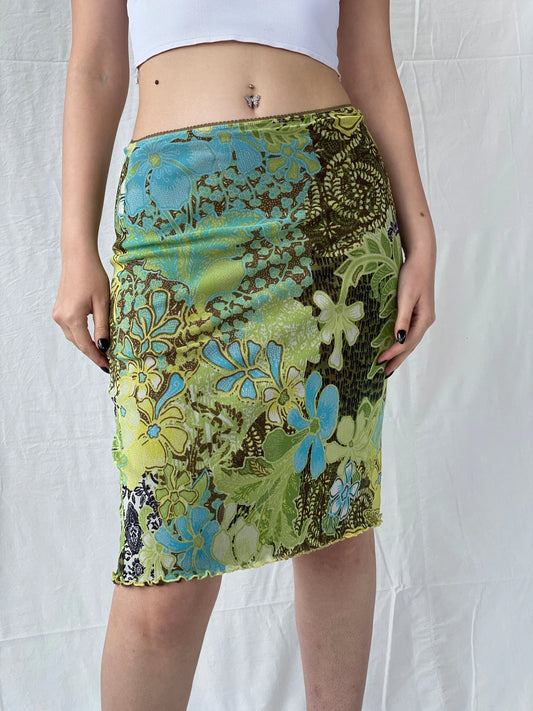 Vintage Y2K Public Paisley Floral Print Green Knee Length Skirt - M - Balagan Vintage Mini Skirt Ayah, floral, floral skirt, midi skirt, mini skirt, skirt