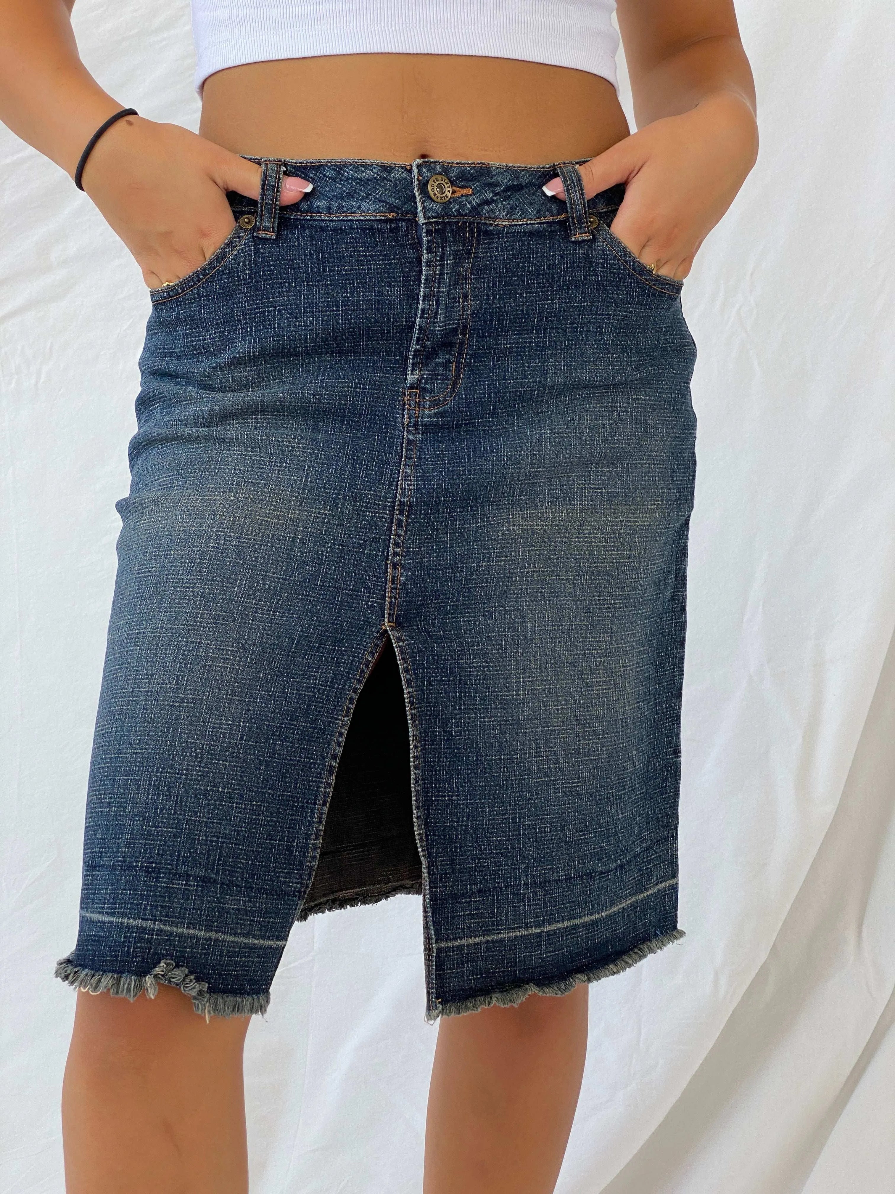 Vintage Y2K Route 66 Stretch Fit Midi Denim Skirt - M - Balagan Vintage Midi Skirt 00s, denim, denim skirt, Lana, midi skirt