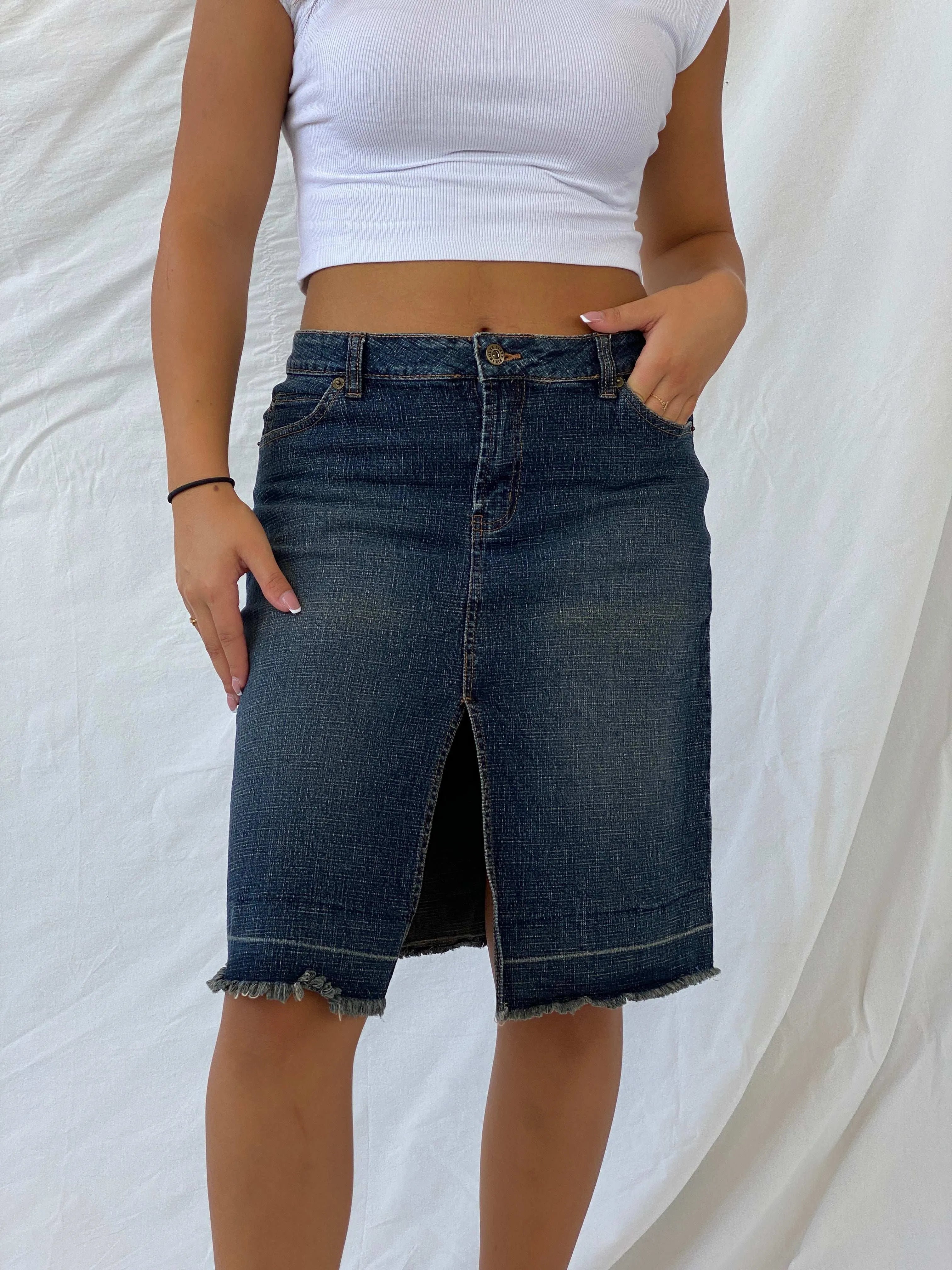 Vintage Y2K Route 66 Stretch Fit Midi Denim Skirt - M - Balagan Vintage Midi Skirt 00s, denim, denim skirt, Lana, midi skirt