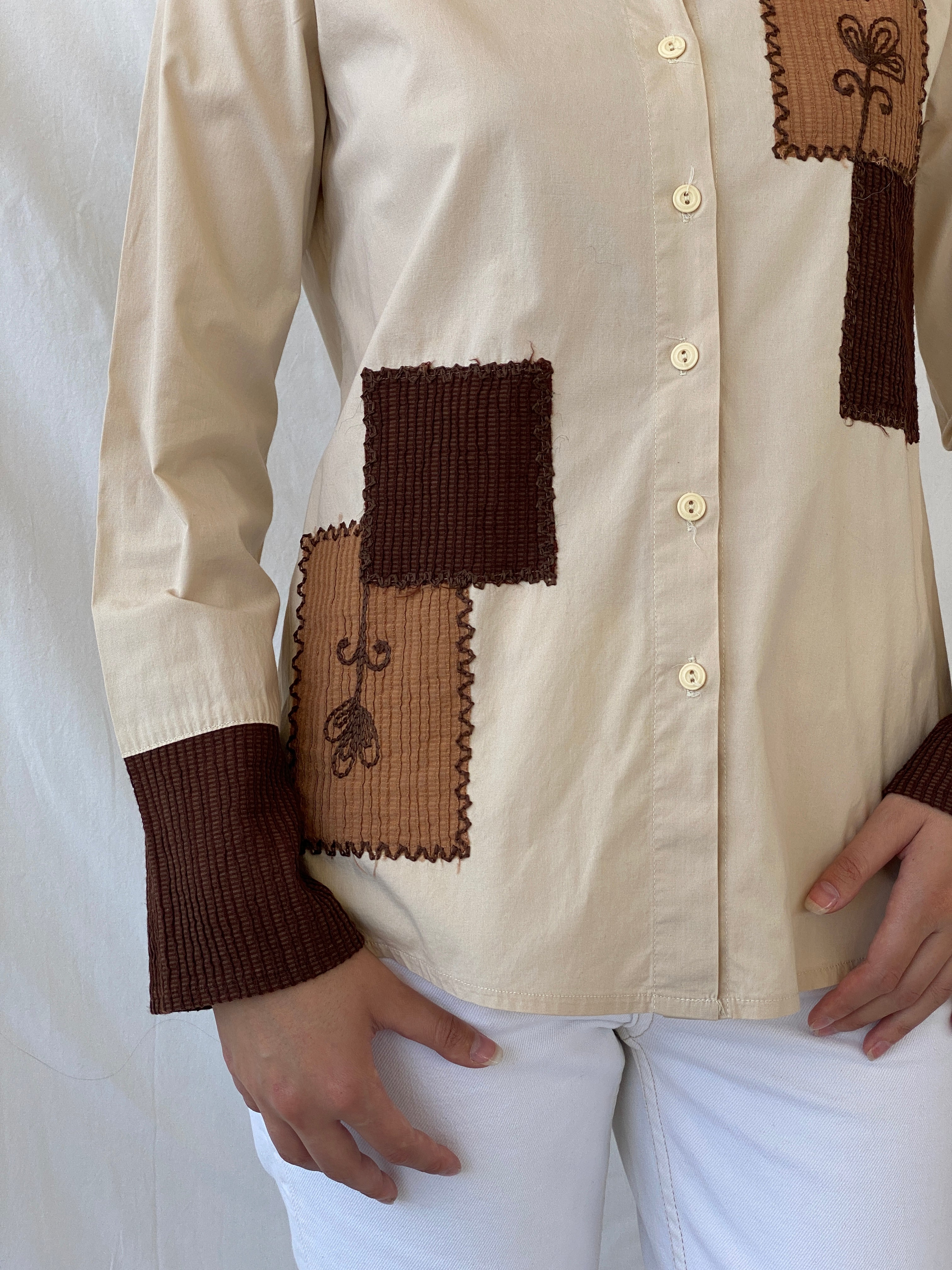Vintage Y2K Sem Beige Patchwork Full Sleeve Button Up Shirt - L - Balagan Vintage Full Sleeve Shirt 00s, Ayah, full sleeve shirt, NEW IN, patchwork, summer