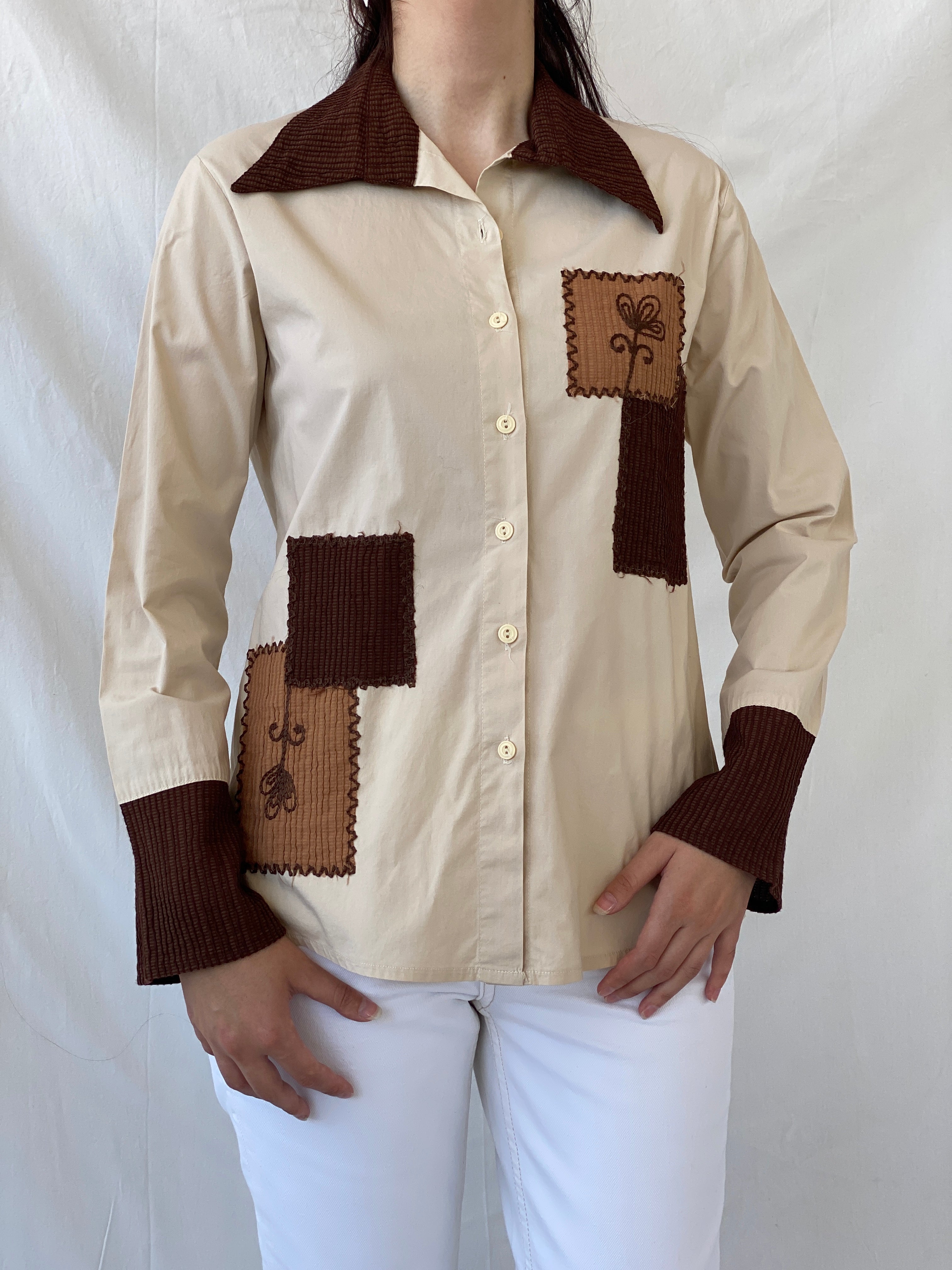 Vintage Y2K Sem Beige Patchwork Full Sleeve Button Up Shirt - L - Balagan Vintage Full Sleeve Shirt 00s, Ayah, full sleeve shirt, NEW IN, patchwork, summer