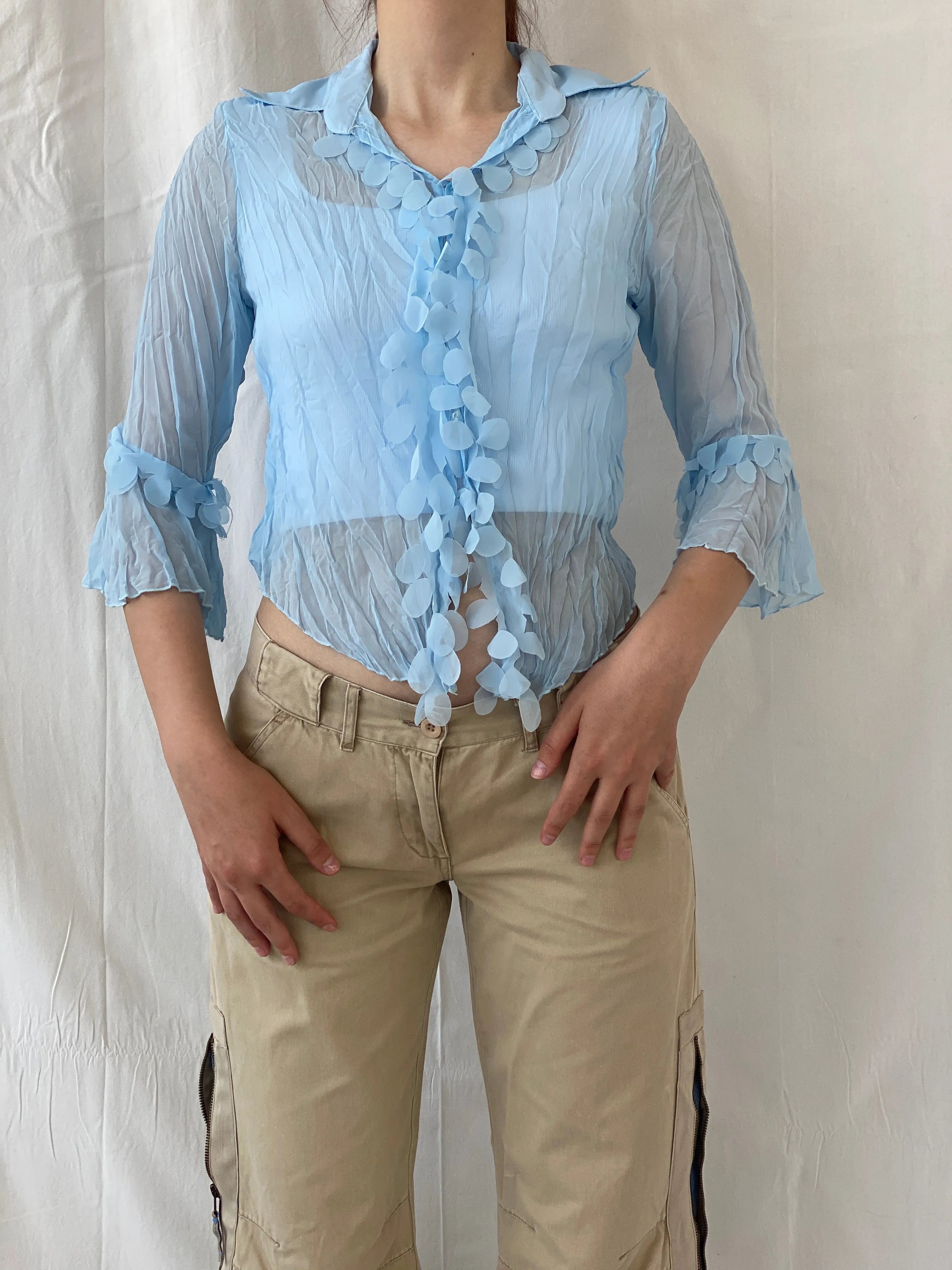 Vintage Y2K Smart Women Blue Ruffled Sheer Romantic Cardigan Shirt - M - Balagan Vintage Full Sleeve Shirt 00s, Ayah, summer, women top