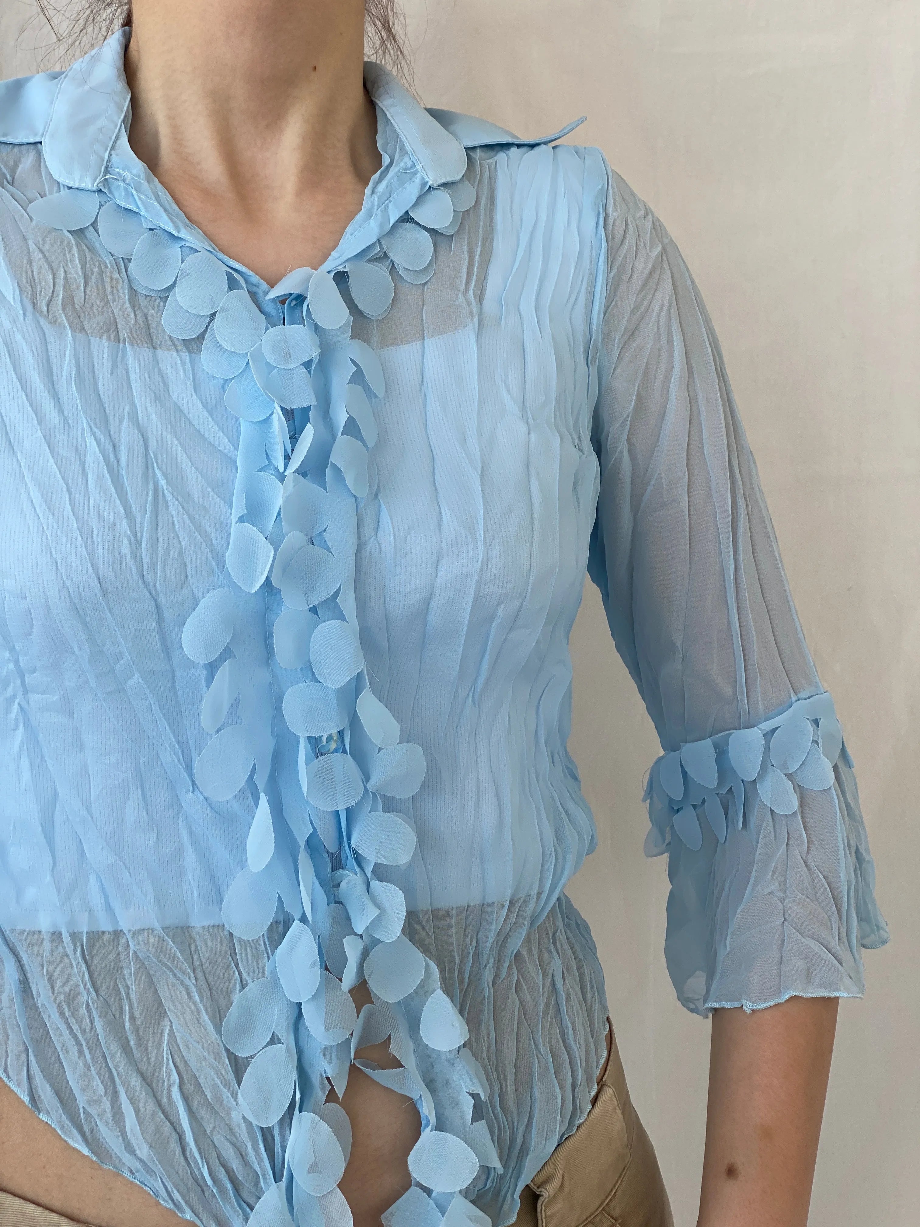 Vintage Y2K Smart Women Blue Ruffled Sheer Romantic Cardigan Shirt - M - Balagan Vintage Full Sleeve Shirt 00s, Ayah, summer, women top