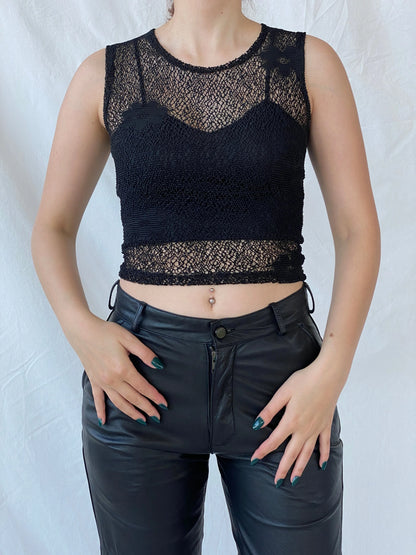Vintage Y2K Streetwear Crew Neck Sheer Mesh Black Floral Top - S - Balagan Vintage Sleeveless Top 00s, Ayah, consignment, halter top, Melika, women top