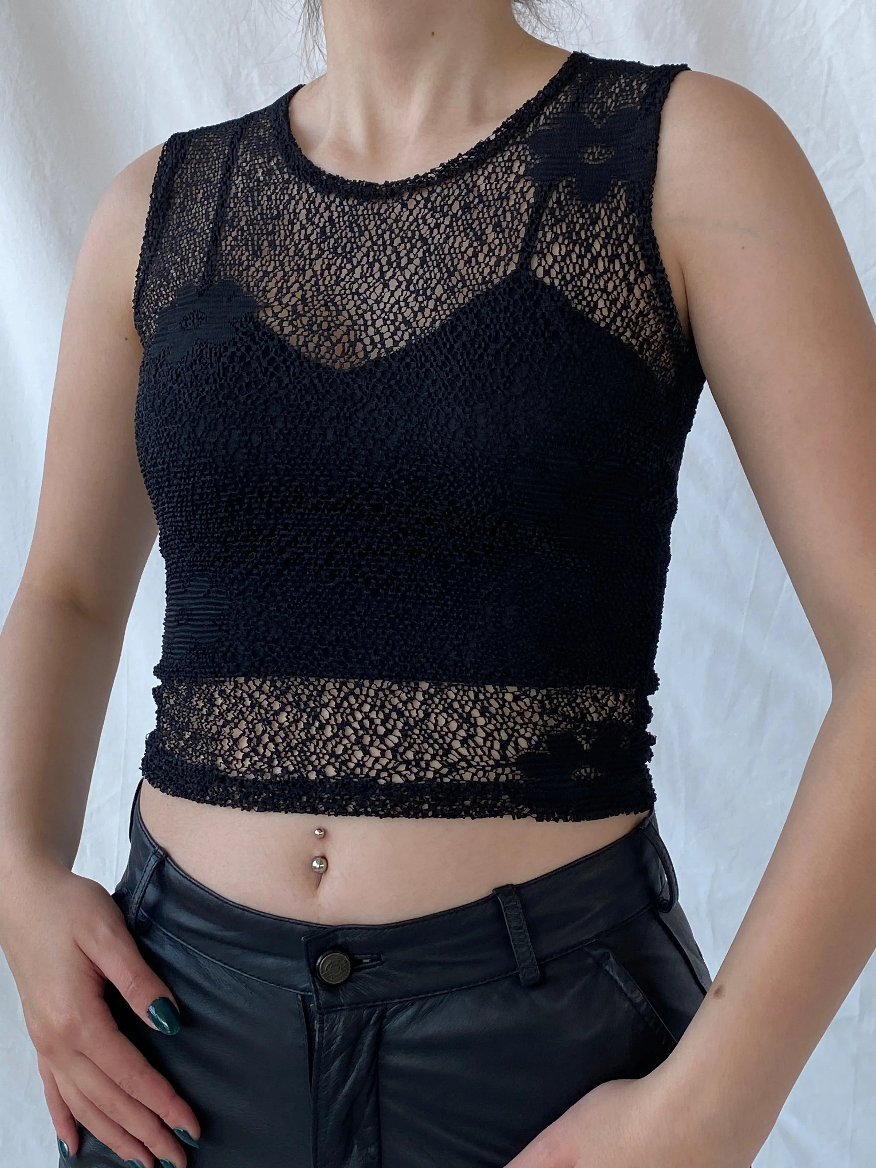 Vintage Y2K Streetwear Crew Neck Sheer Mesh Black Floral Top - S - Balagan Vintage Sleeveless Top 00s, Ayah, consignment, halter top, Melika, women top